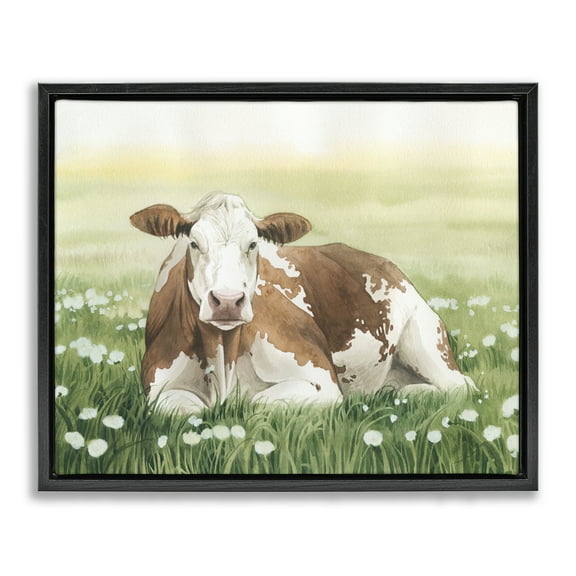 Stupell Industries Cow & Meadow Blossoms Animals & Insects Painting Black Floater Framed Canvas Art Print Wall Art, 21 x 17