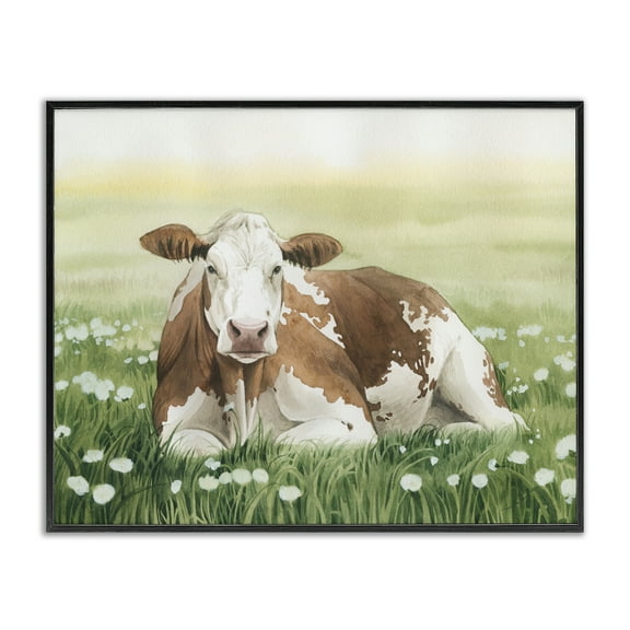 Stupell Industries Cow & Meadow Blossoms Animals & Insects Painting Black Framed Art Print Wall Art, 14 x 11
