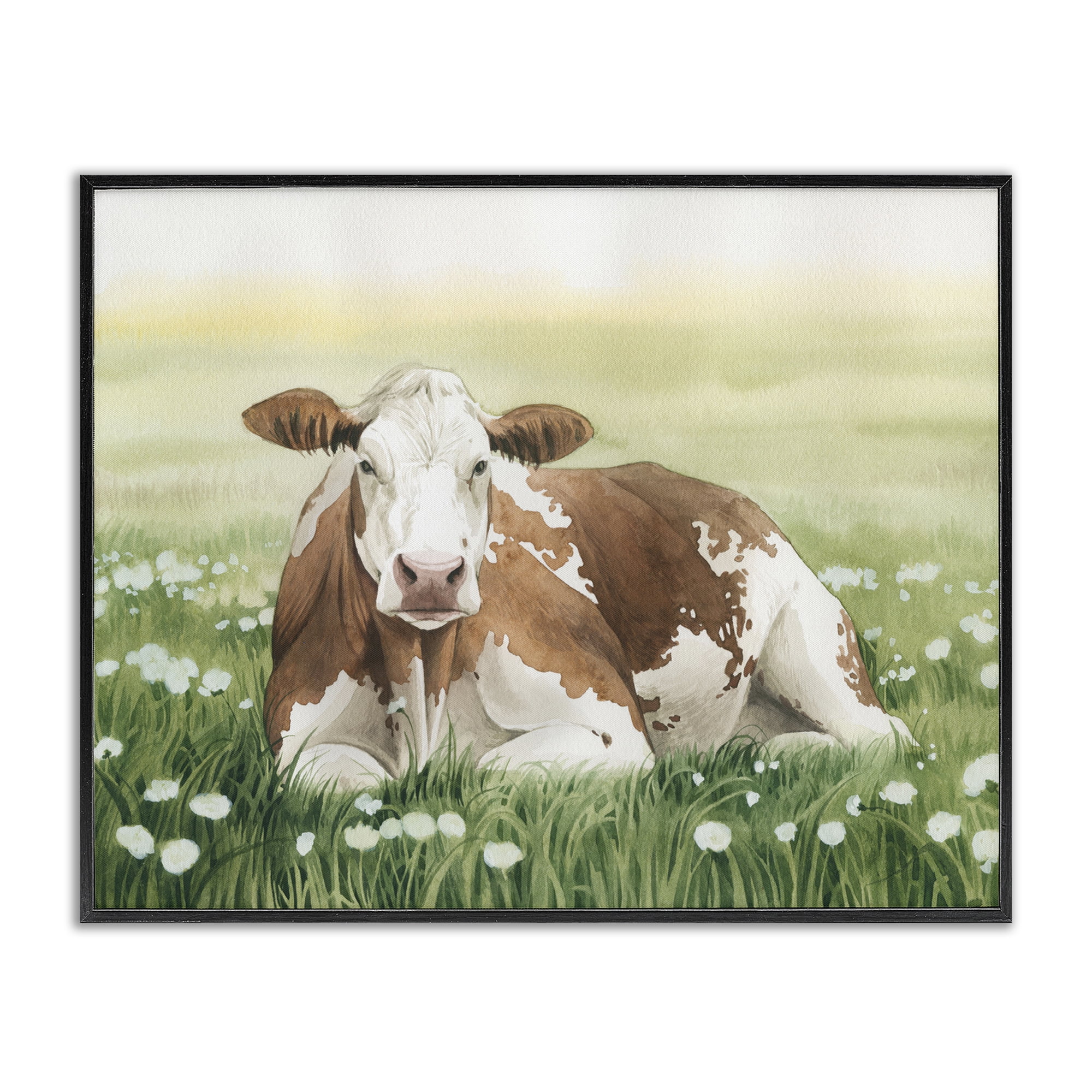 Stupell Industries Cow & Meadow Blossoms Animals & Insects Painting Black Framed Art Print Wall Art, 30 x 24