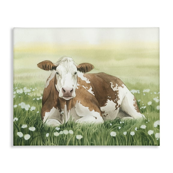 Stupell Industries Cow & Meadow Blossoms Animals & Insects Painting Gallery Wrapped Canvas Art Print Wall Art, 20 x 16