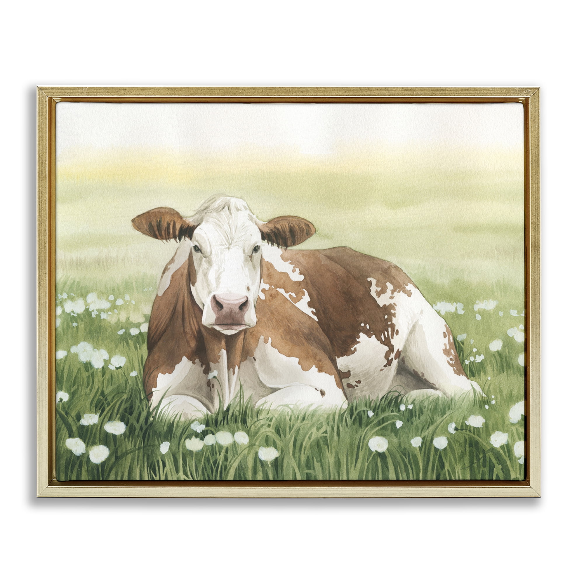 Stupell Industries Cow & Meadow Blossoms Animals & Insects Painting Gold Floater Framed Canvas Art Print Wall Art, 21 x 17