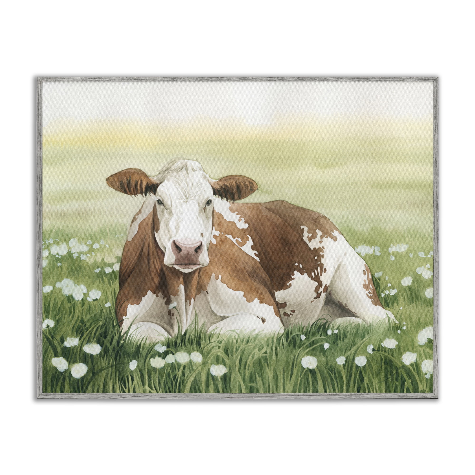 Stupell Industries Cow & Meadow Blossoms Animals & Insects Painting Gray Framed Art Print Wall Art, 20 x 16