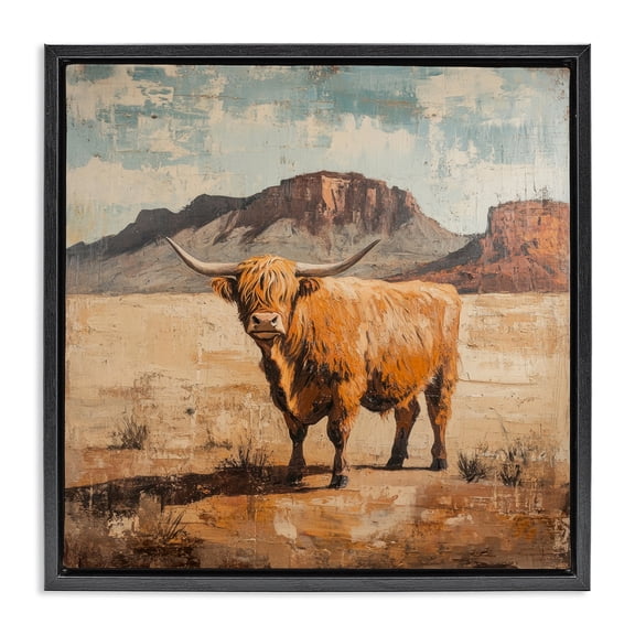Stupell Industries Cow Of The Desert Black Framed Floater Canvas Wall Art design by Petal Prints Design, 18 x 18