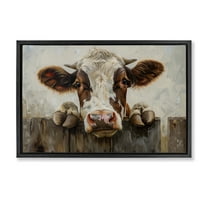 Stupell Industries Cow On Fence Animals & Insects Painting Black Floater Framed Canvas Art Print Wall Art, 25 x 17