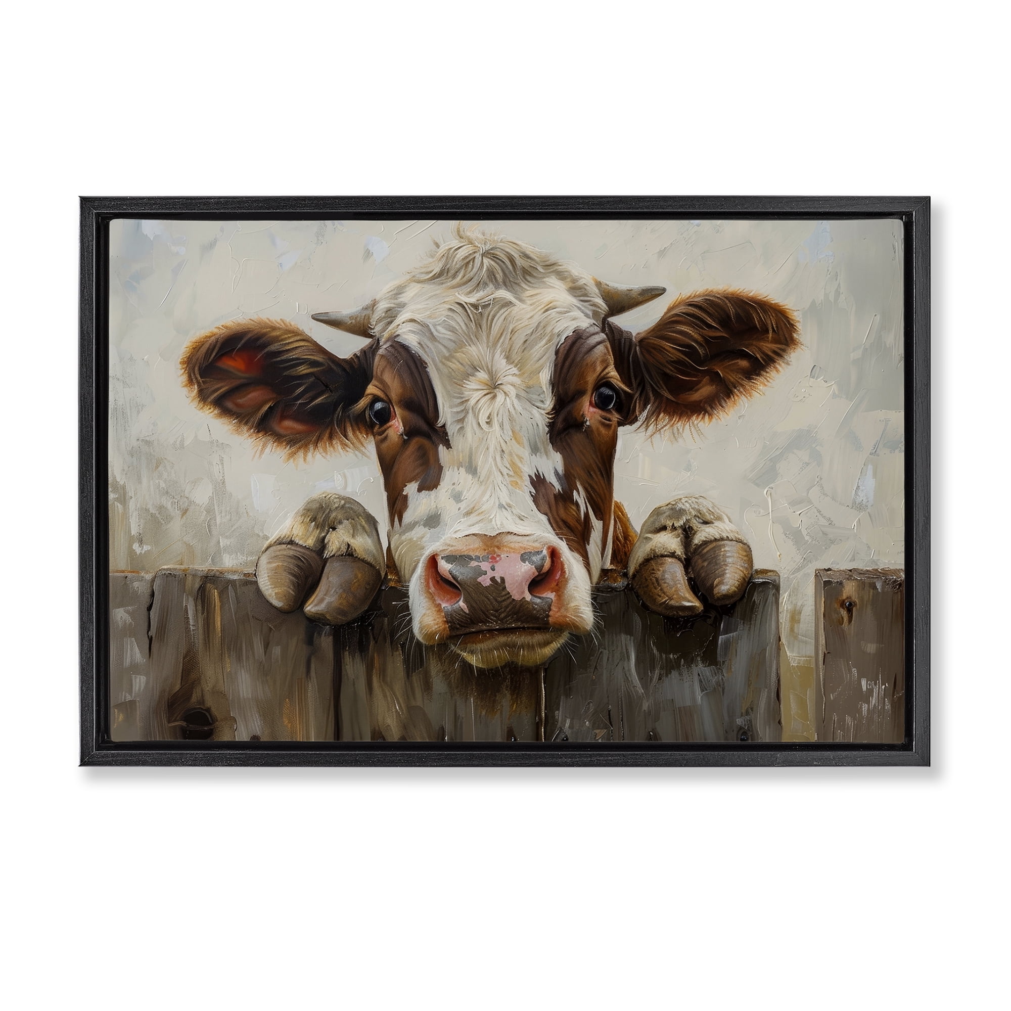Stupell Industries Cow On Fence Animals & Insects Painting Black Floater Framed Canvas Art Print Wall Art, 31 x 21