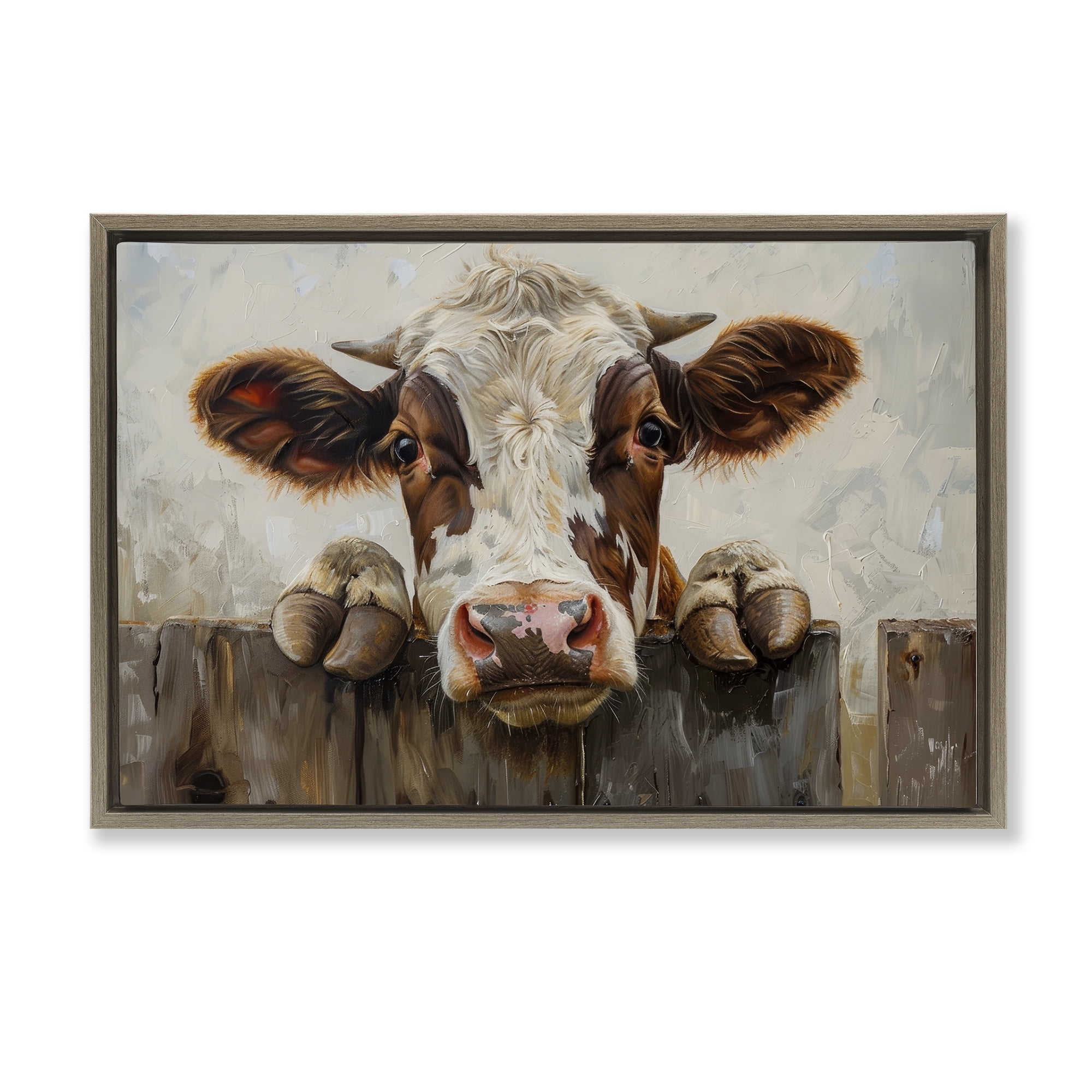 Stupell Industries Cow On Fence Animals & Insects Painting Brown Floater Framed Canvas Art Print Wall Art, 31 x 21
