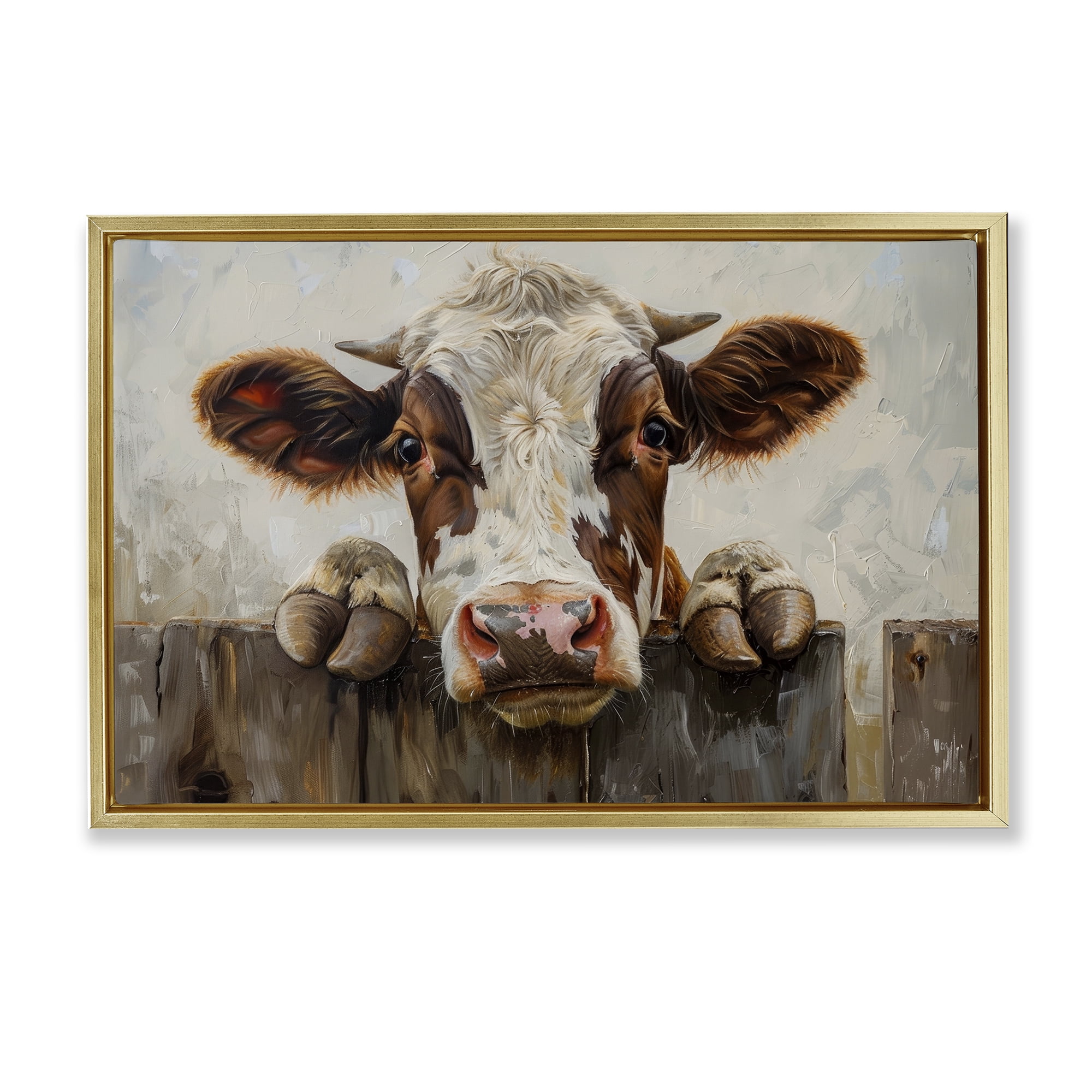 Stupell Industries Cow On Fence Animals & Insects Painting Gold Floater Framed Canvas Art Print Wall Art, 25 x 17