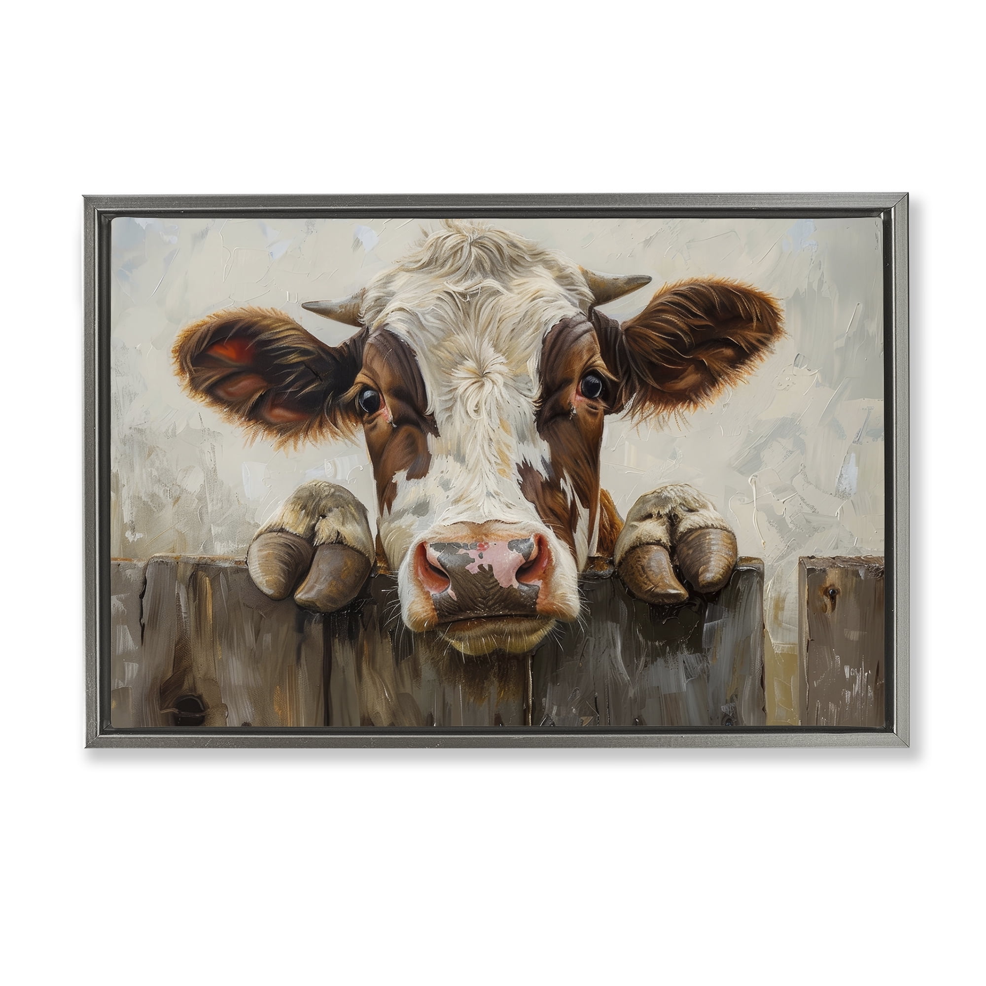 Stupell Industries Cow On Fence Animals & Insects Painting Gray Floater Framed Canvas Art Print Wall Art, 31 x 21
