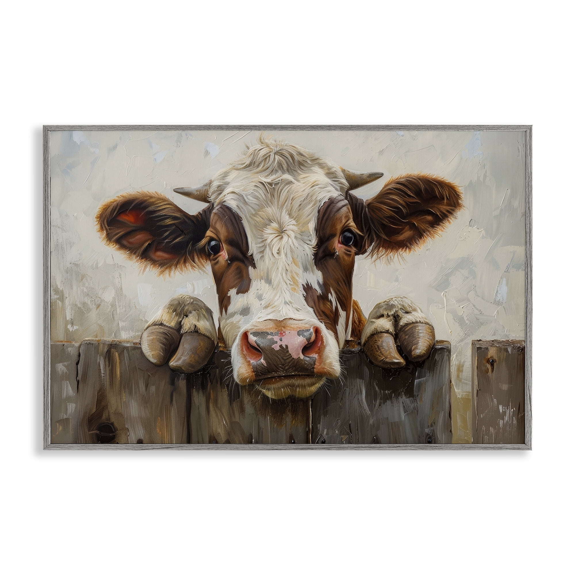 Stupell Industries Cow On Fence Animals & Insects Painting Gray Framed Art Print Wall Art, 30 x 20