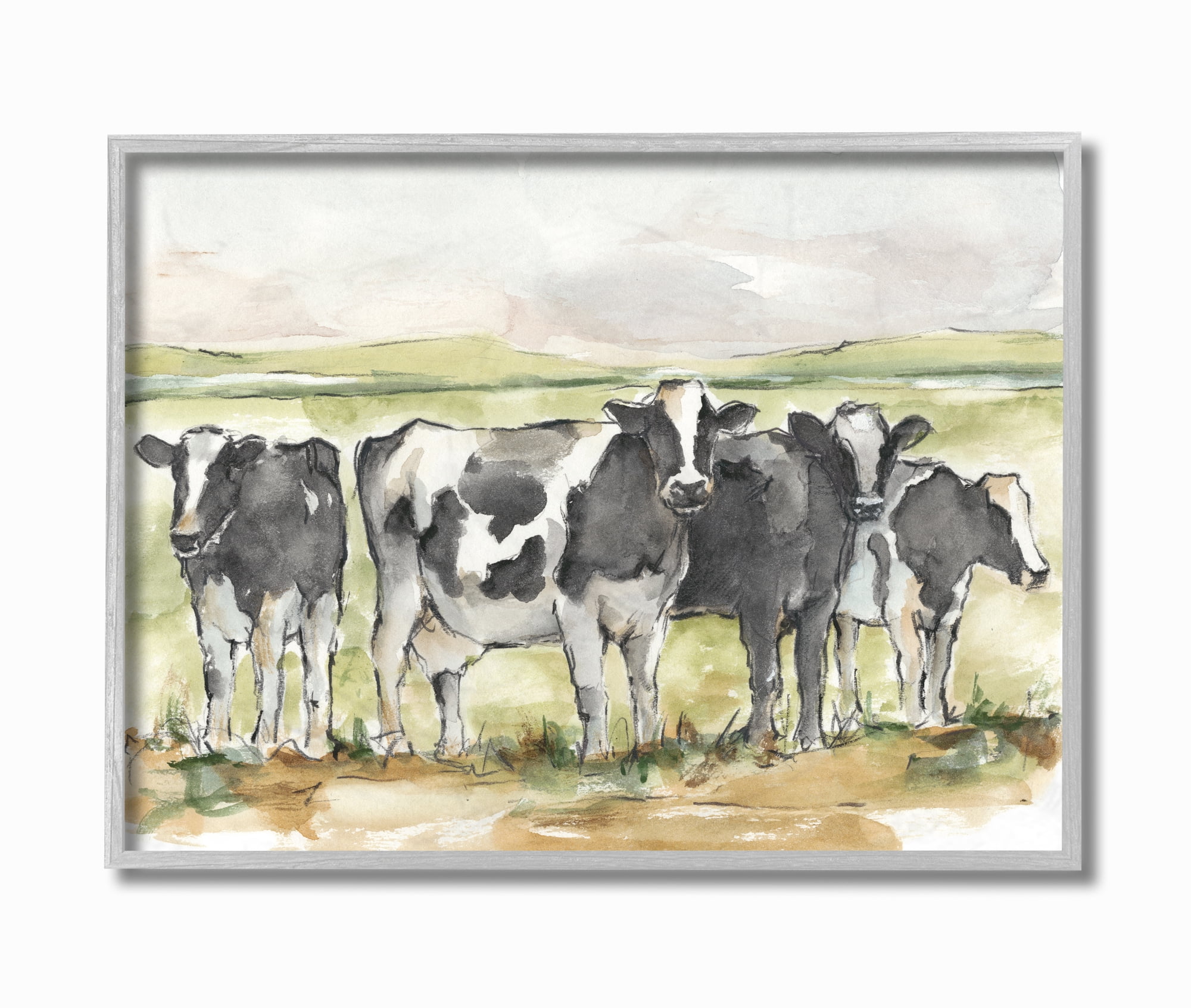 Stupell Industries Cow Pasture Farm Landscape Animal Watercolor Painting Framed Wall Art by Ethan Harper, 11" x 14", Gray Framed