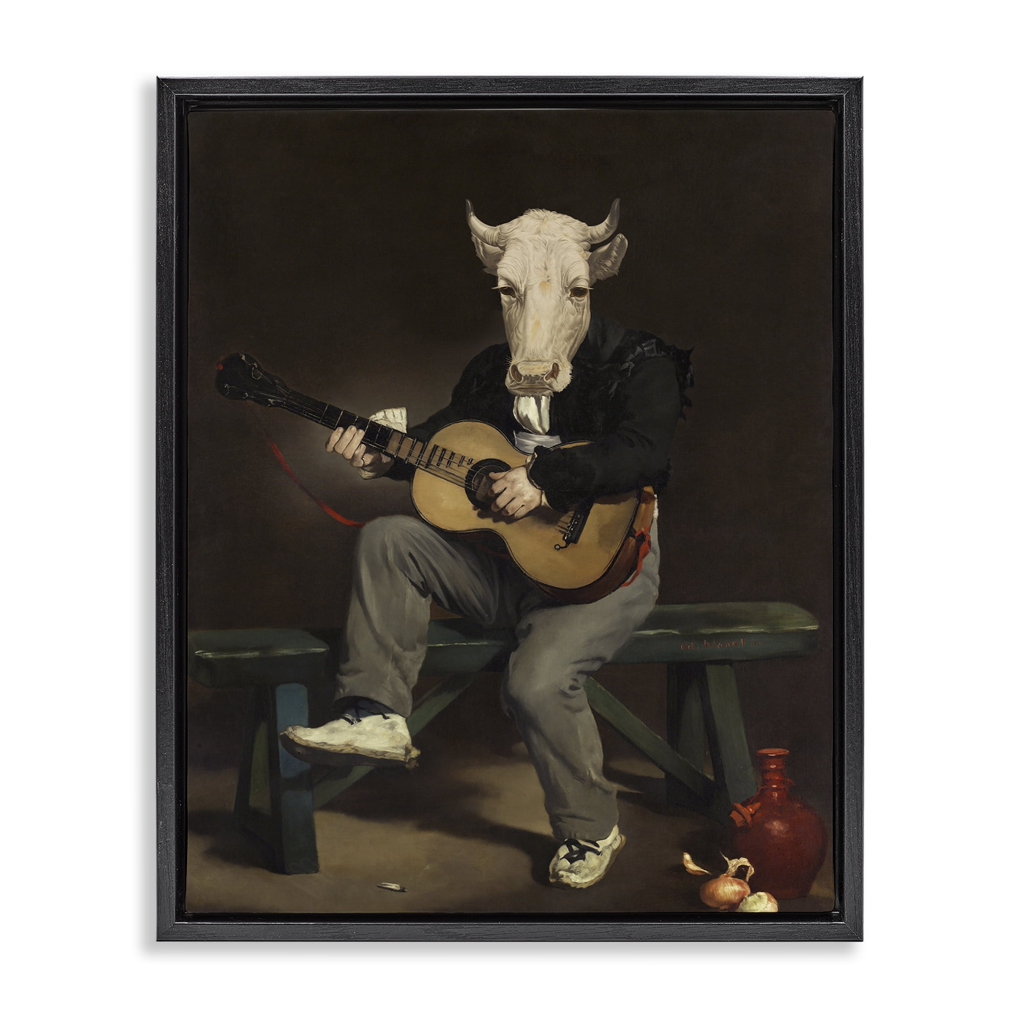 Stupell Industries Cow Playing Guitar Novelty & Humor Painting Black Floater Framed Canvas Art Print Wall Art, 17 x 21