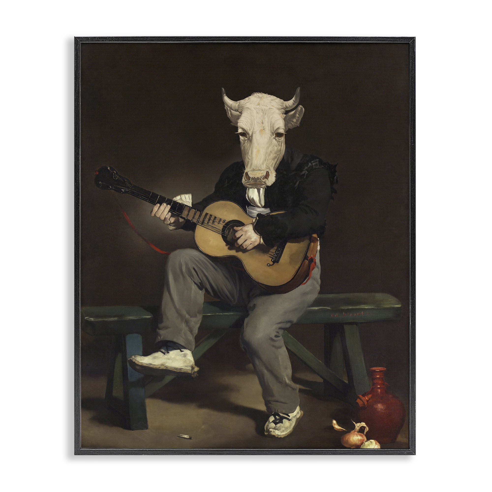 Stupell Industries Cow Playing Guitar Novelty & Humor Painting Black Framed Art Print Wall Art, 16 x 20