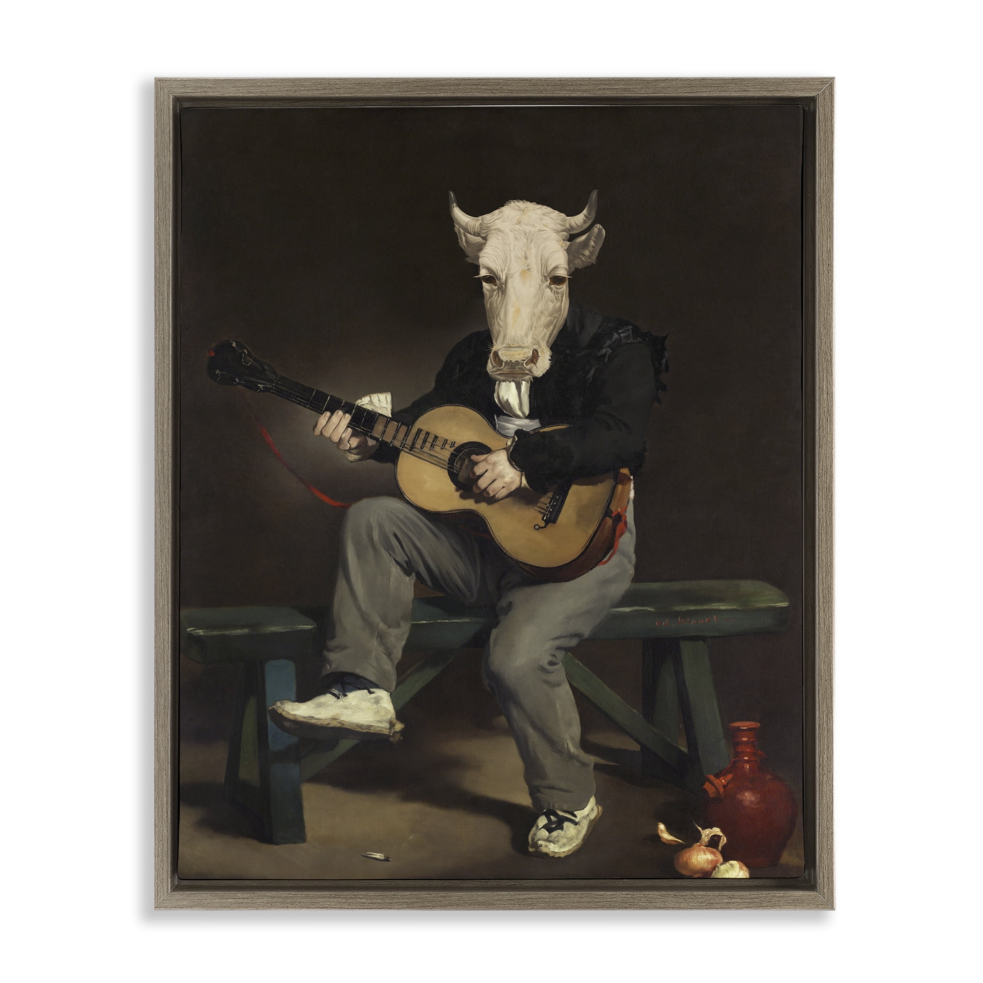 Stupell Industries Cow Playing Guitar Novelty & Humor Painting Brown Floater Framed Canvas Art Print Wall Art, 25 x 31