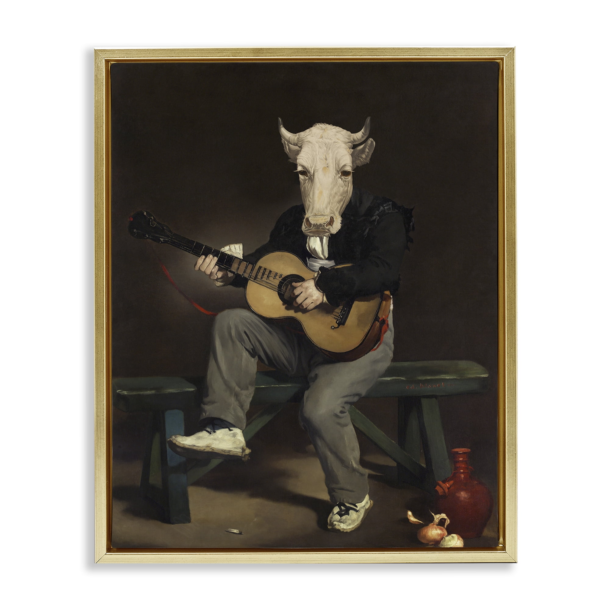 Stupell Industries Cow Playing Guitar Novelty & Humor Painting Gold Floater Framed Canvas Art Print Wall Art, 25 x 31