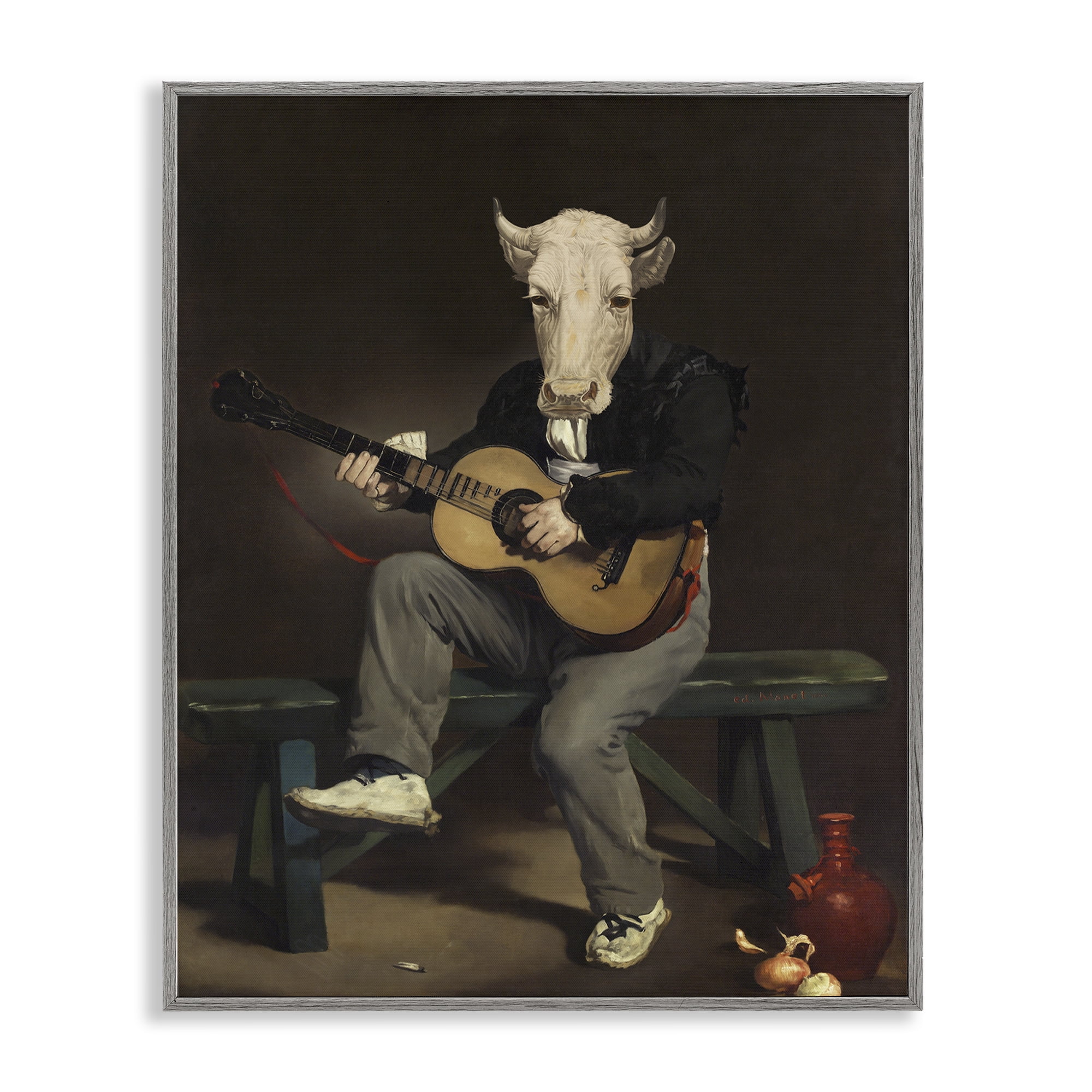 Stupell Industries Cow Playing Guitar Novelty & Humor Painting Gray Framed Art Print Wall Art, 24 x 30