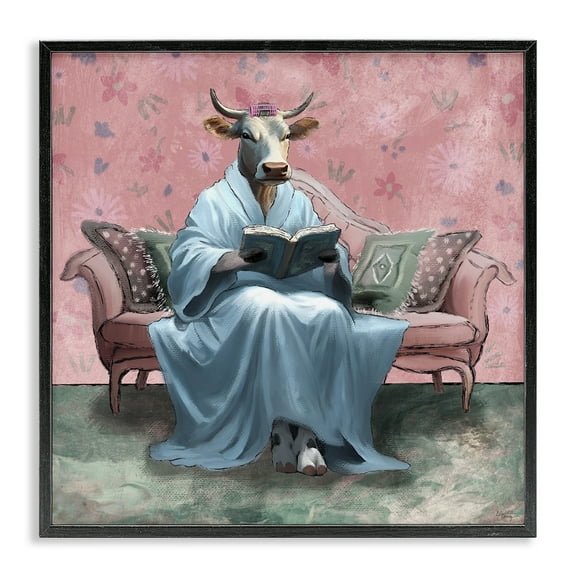 Stupell Industries Cow Reading Evening Book Novelty & Humor Painting Black Framed Art Print Wall Art, 12 x 12