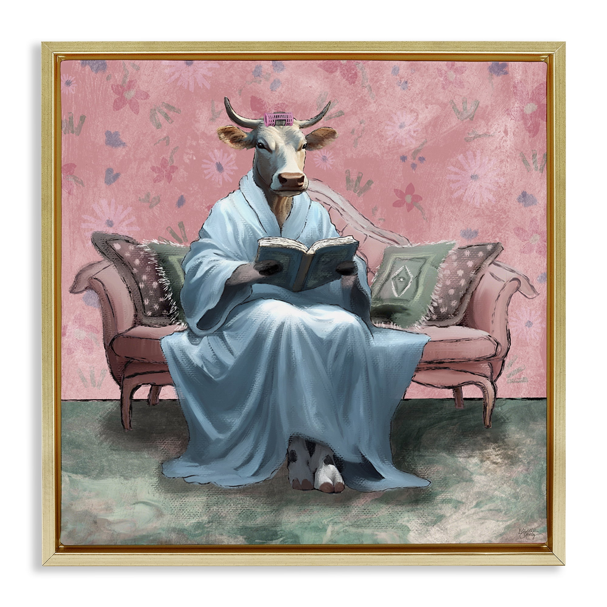 Stupell Industries Cow Reading Evening Book Novelty & Humor Painting Gold Floater Framed Canvas Art Print Wall Art, 18 x 18