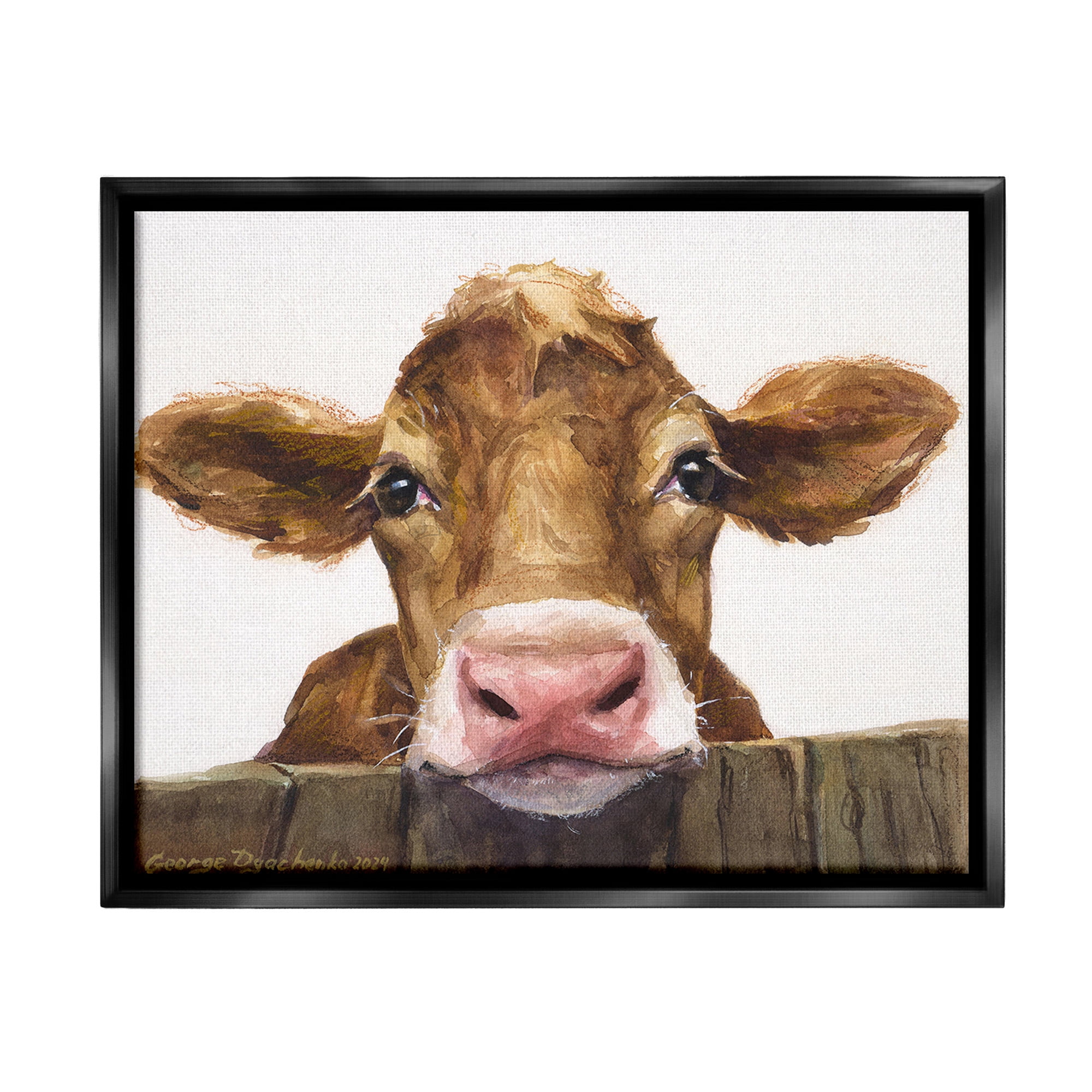 Stupell Industries Cow Resting on Fence Animals & Insects Painting Black Floater Framed Canvas Art Print Wall Art, 31 x 25