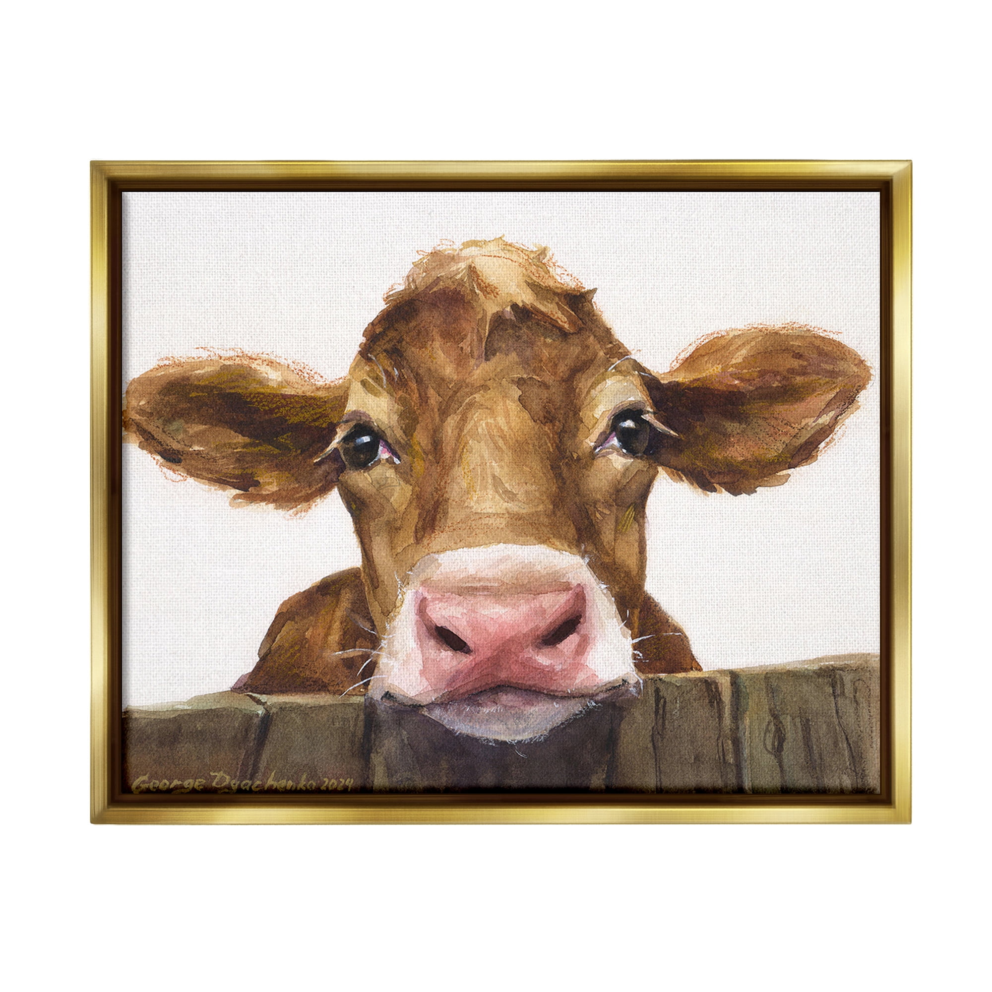 Stupell Industries Cow Resting on Fence Animals & Insects Painting Gold Floater Framed Canvas Art Print Wall Art, 31 x 25