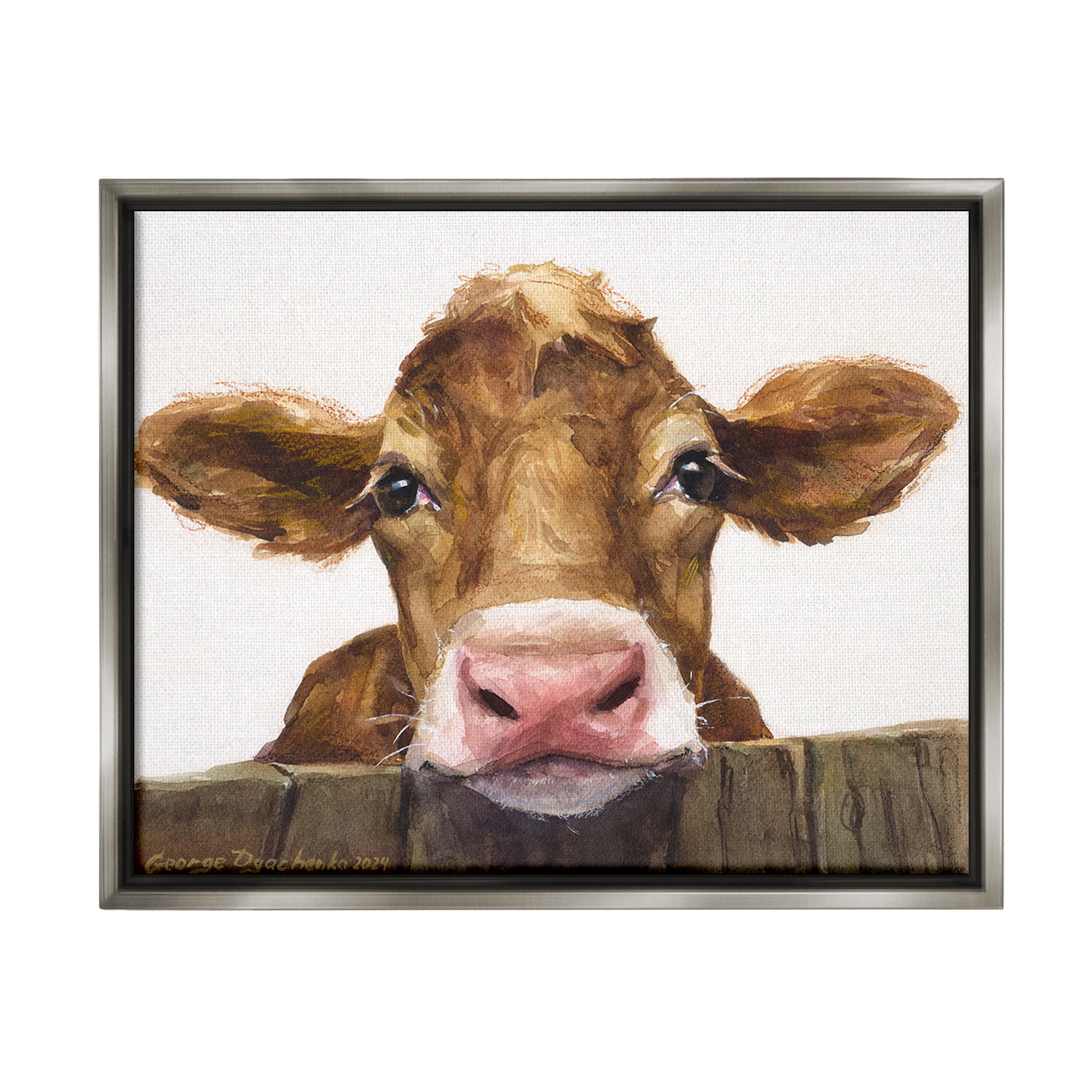 Stupell Industries Cow Resting on Fence Animals & Insects Painting Gray Floater Framed Canvas Art Print Wall Art, 21 x 17