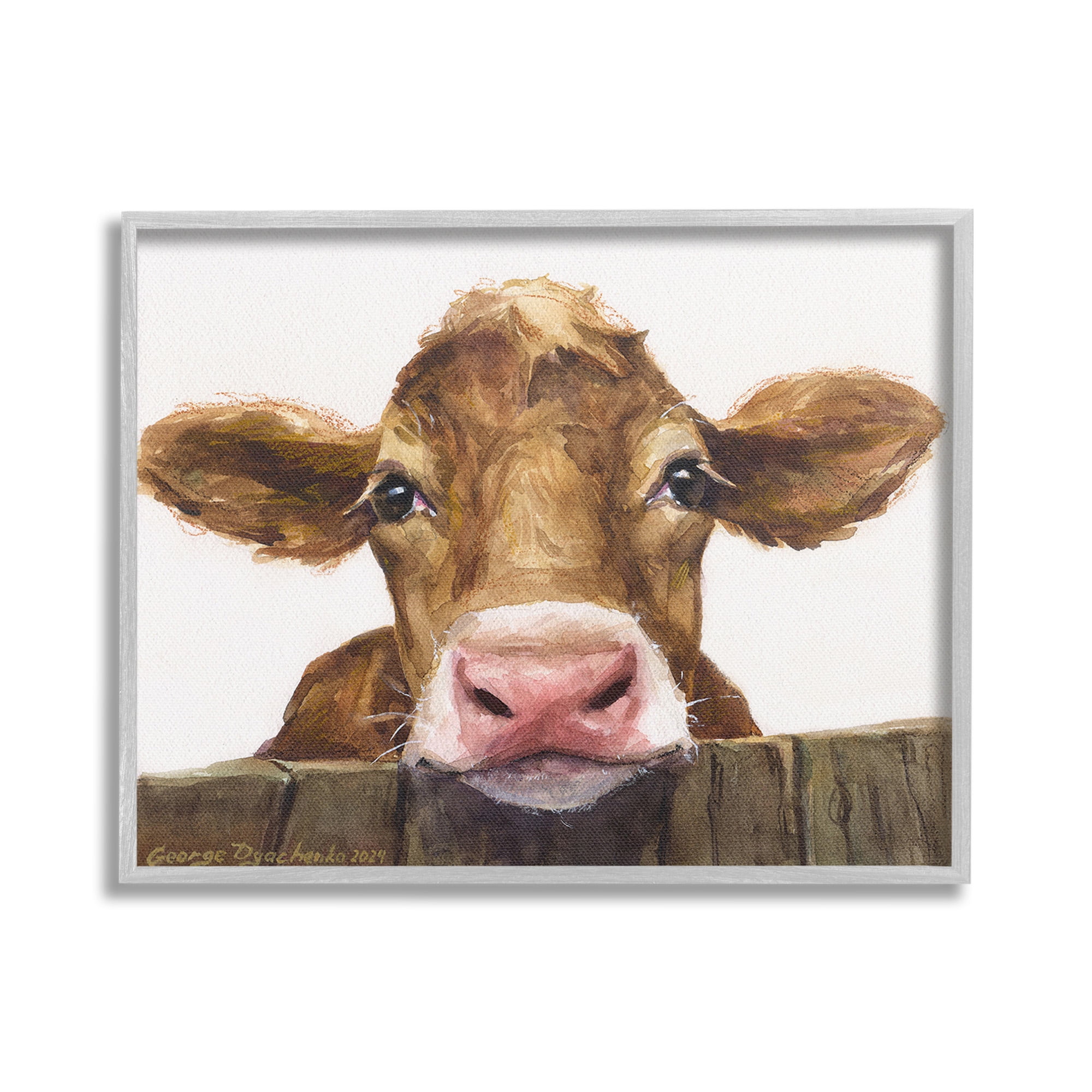 Stupell Industries Cow Resting on Fence Animals & Insects Painting Gray Framed Art Print Wall Art, 20 x 16