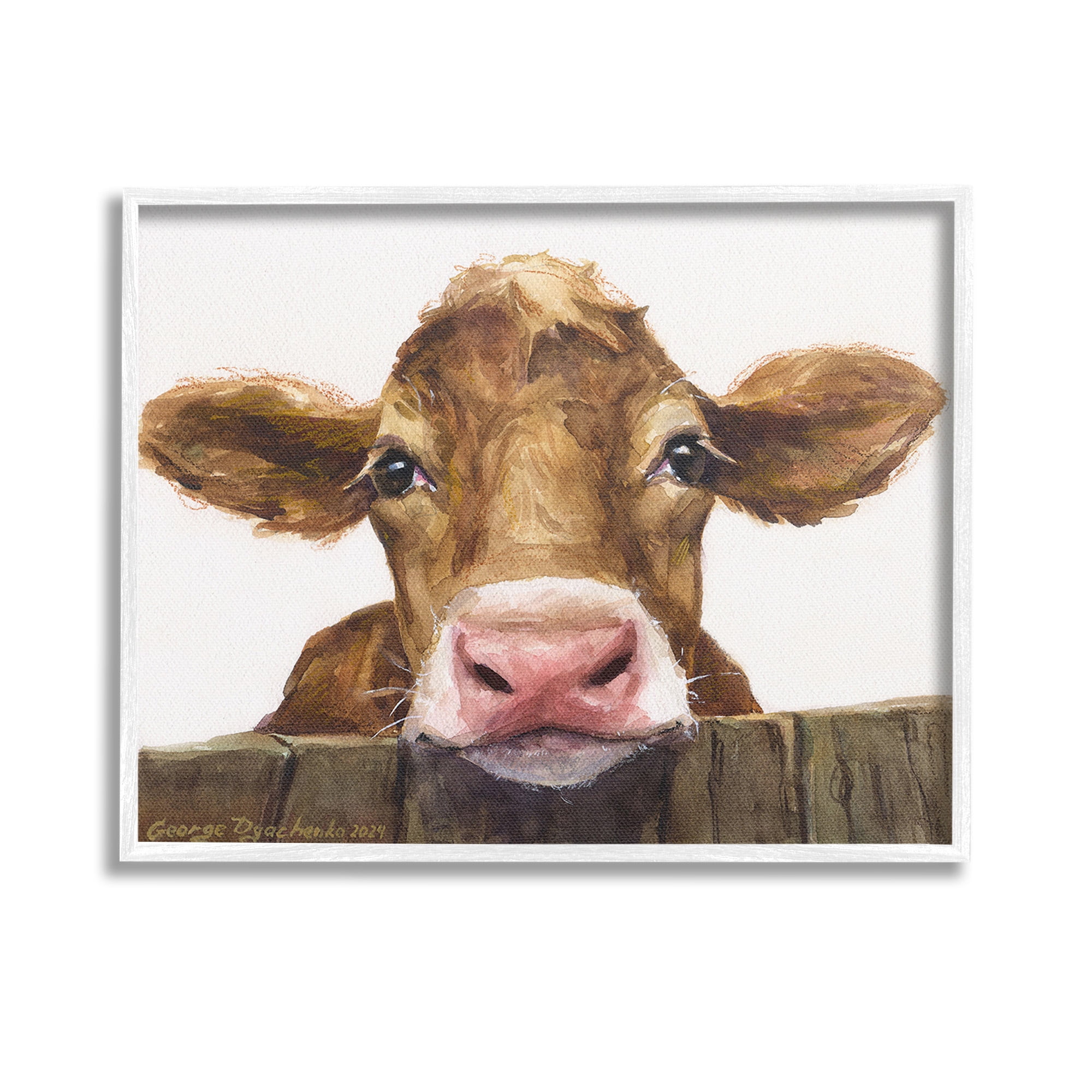 Stupell Industries Cow Resting on Fence Animals & Insects Painting White Framed Art Print Wall Art, 14 x 11