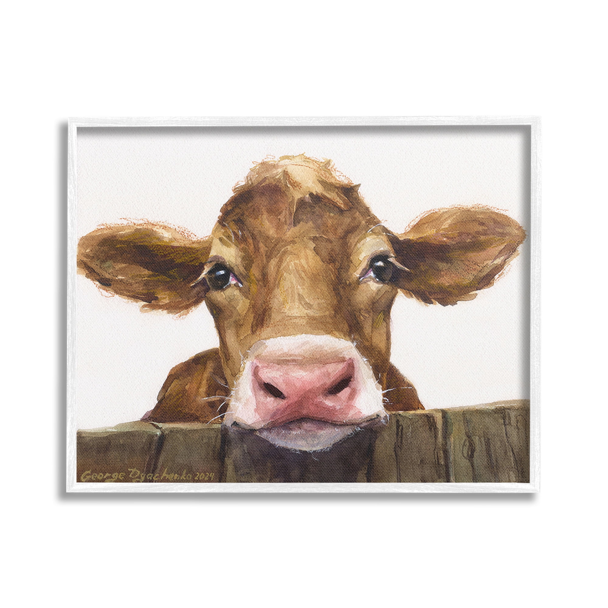 Stupell Industries Cow Resting on Fence Animals & Insects Painting White Framed Art Print Wall Art, 30 x 24