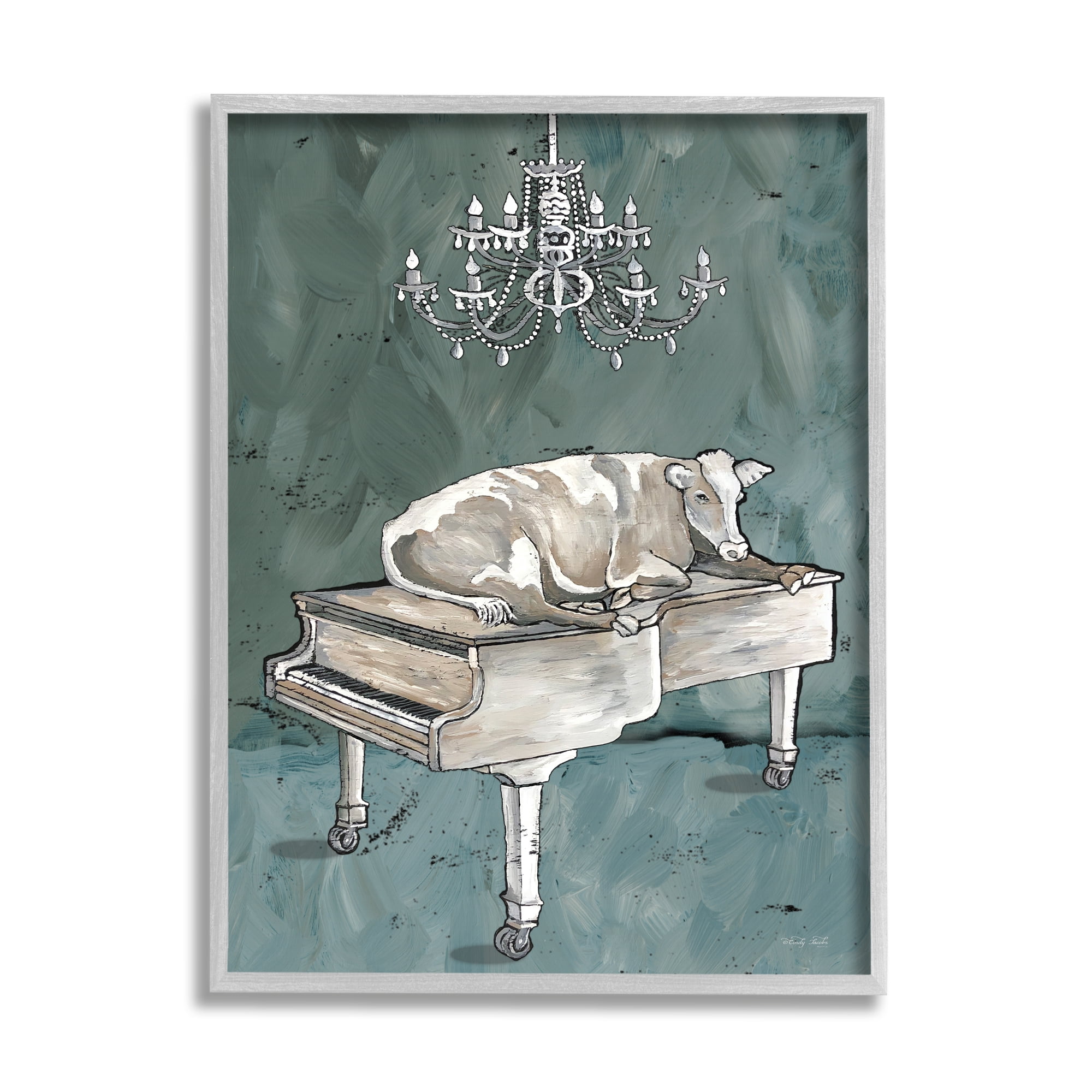 Stupell Industries Cow Resting on Piano Fancy Chandelier Green Gray, 11 x 14, Design by Cindy Jacobs