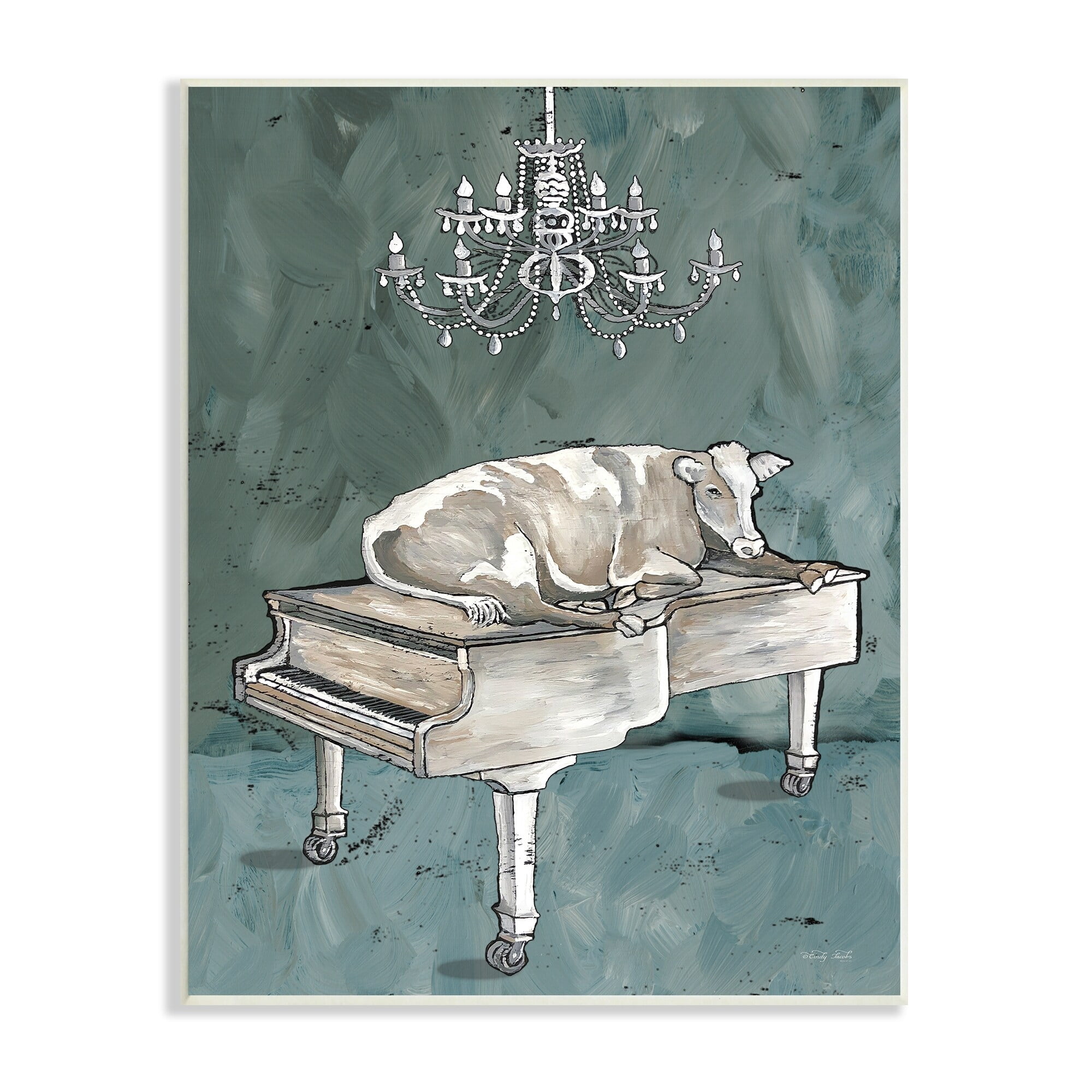 Stupell Industries Cow Resting on Piano Fancy Chandelier Green Gray, 13 x 19, Design by Cindy Jacobs
