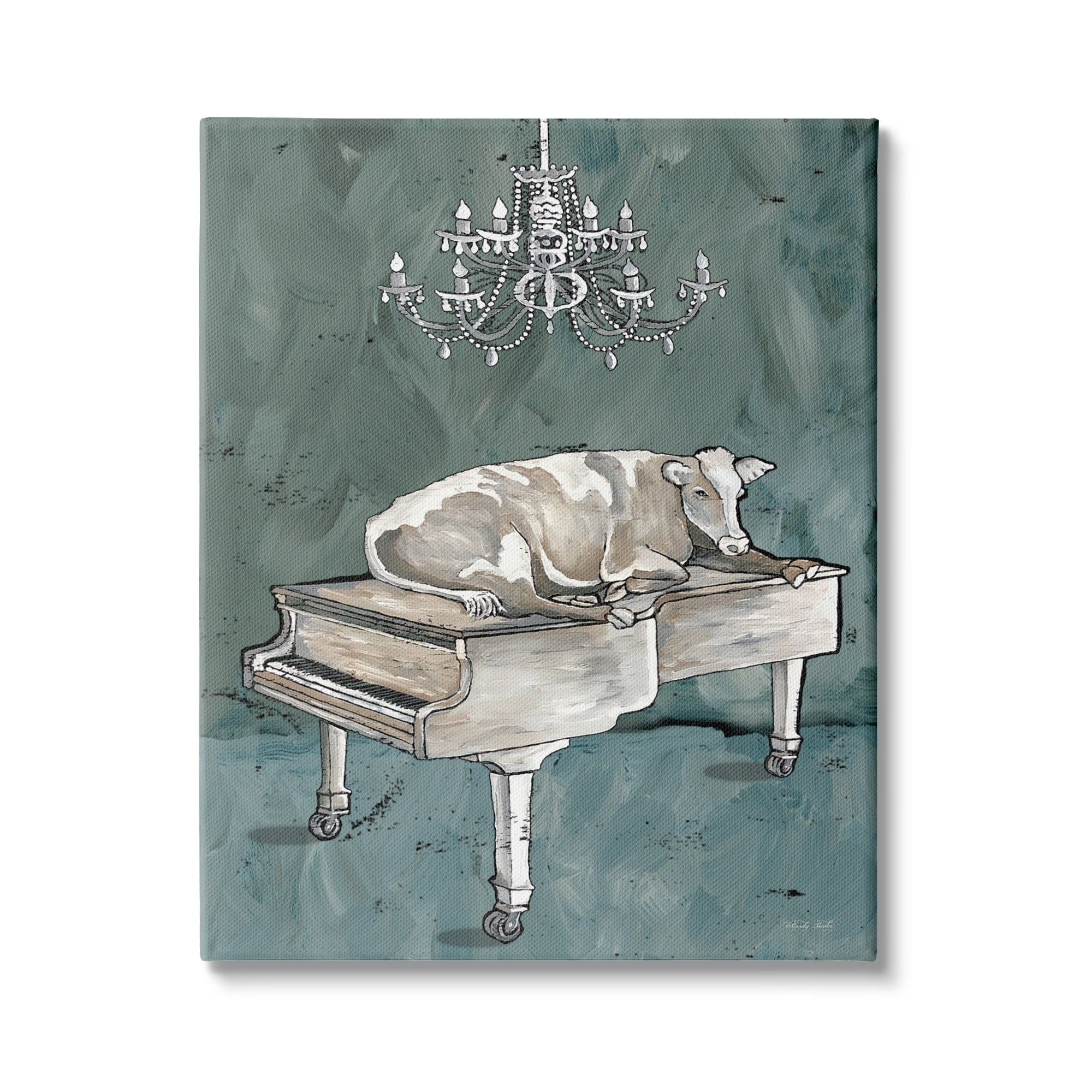 Stupell Industries Cow Resting on Piano Fancy Chandelier Green Gray, 30 x 40, Design by Cindy Jacobs