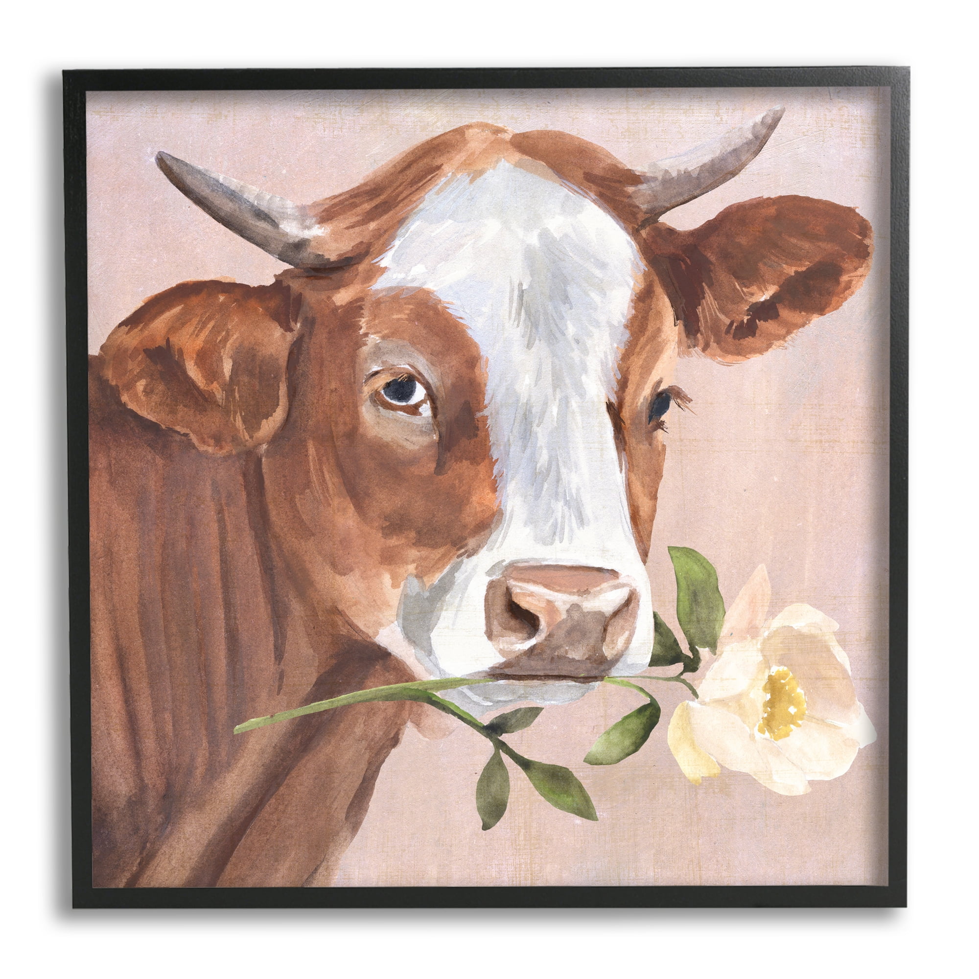 Stupell Industries Cow & Rose Blossom Animals & Insects Painting Black Framed Art Print Wall Art, 17 x 17