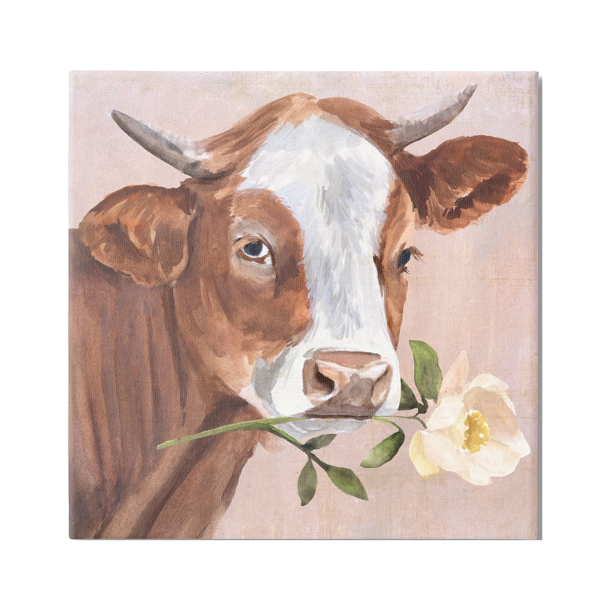 Stupell Industries Cow & Rose Blossom Animals & Insects Painting Gallery Wrapped Canvas Print Wall Art, 36 x 36
