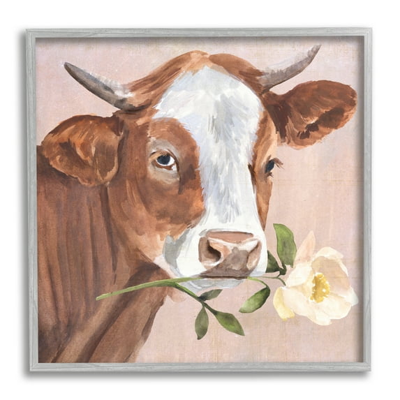 Stupell Industries Cow & Rose Blossom Animals & Insects Painting Gray Framed Art Print Wall Art, 12 x 12