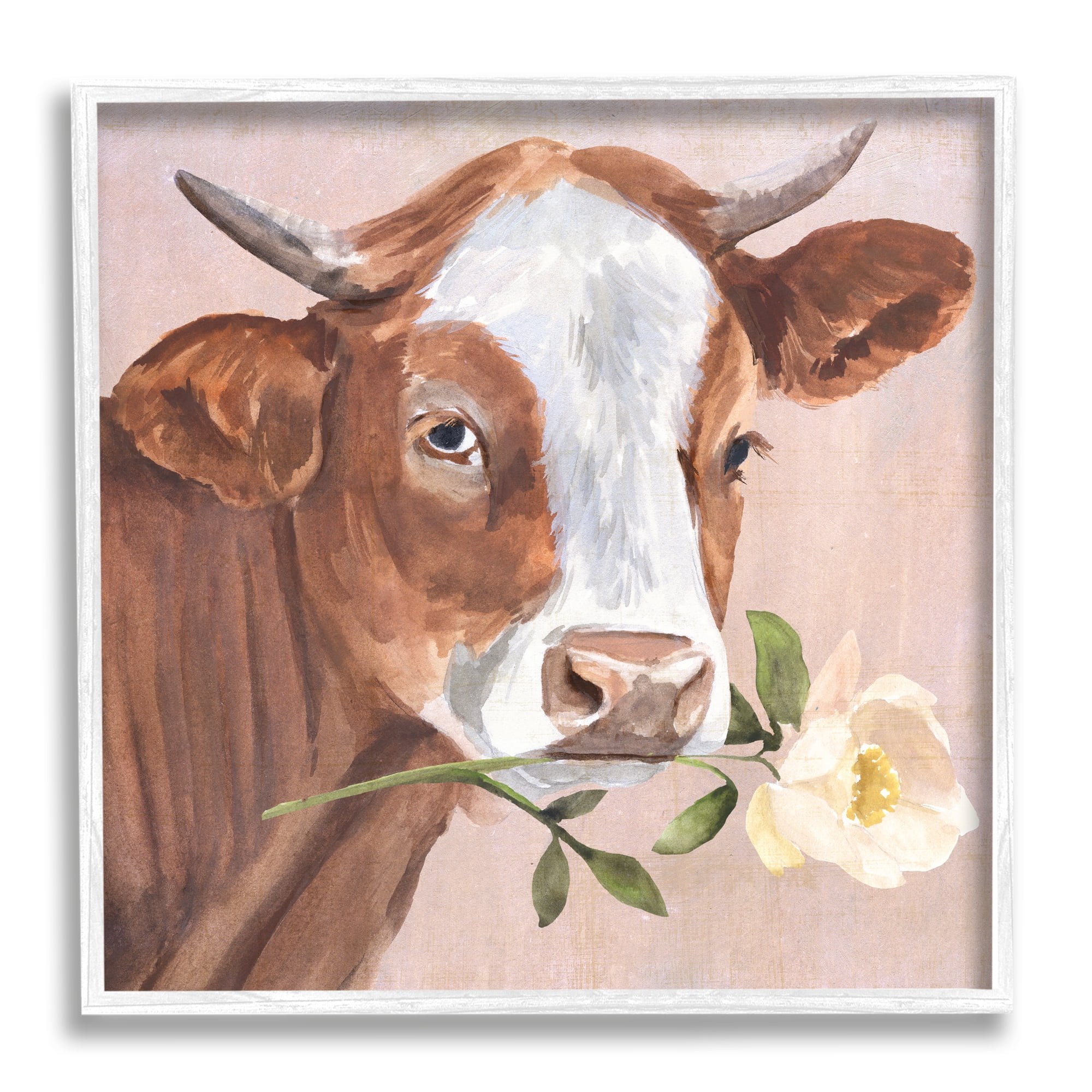 Stupell Industries Cow & Rose Blossom Animals & Insects Painting White Framed Art Print Wall Art, 17 x 17