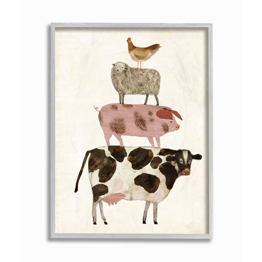 Stupell Industries Cow Sheep Pig and Chicken Barnyard Buds Stacked Farm Animals Framed Wall Art by Victoria Borges
