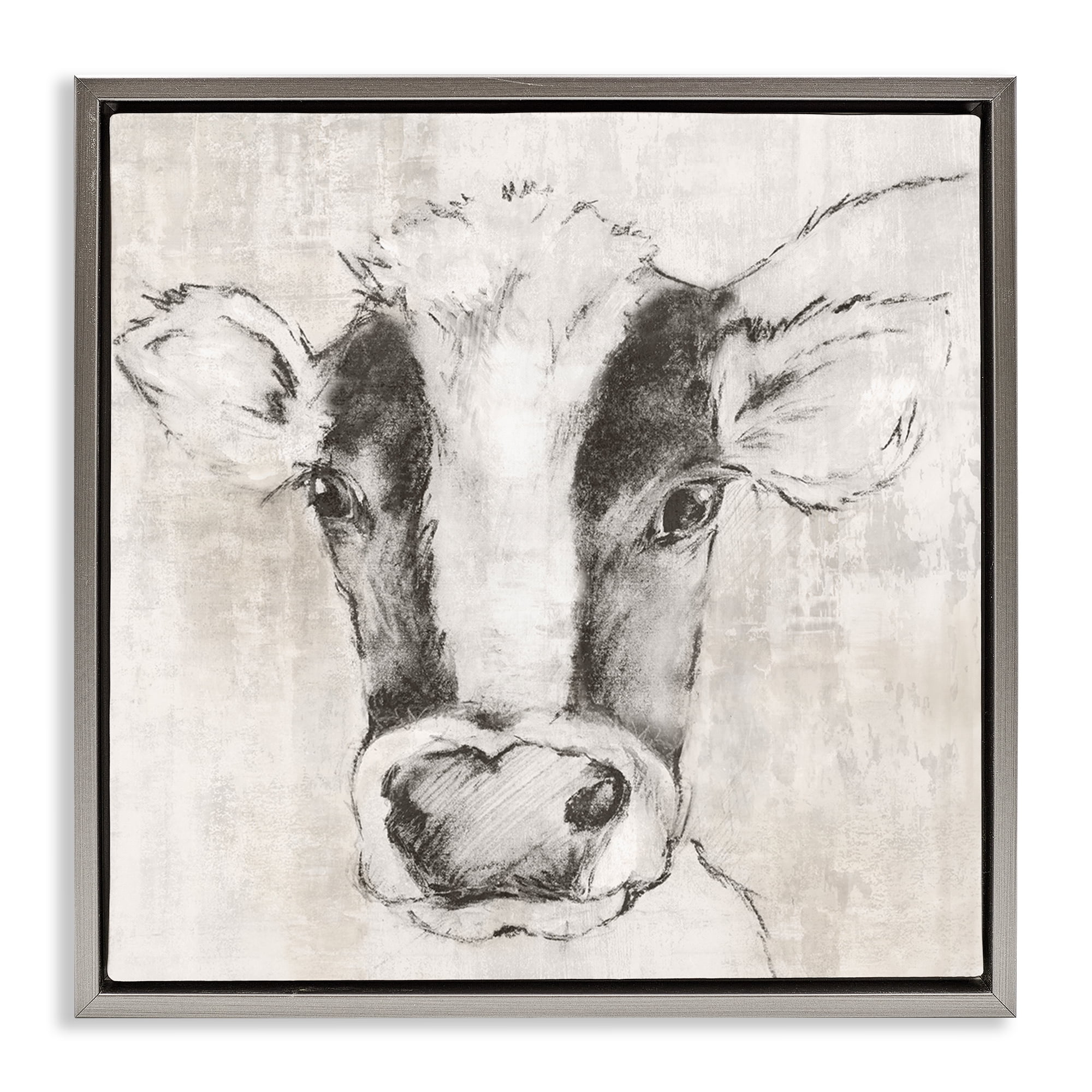 Stupell Industries Cow Sketch Impression Animals Drawing Gray Floater Framed Canvas Art Print Wall Art, 25 x 25