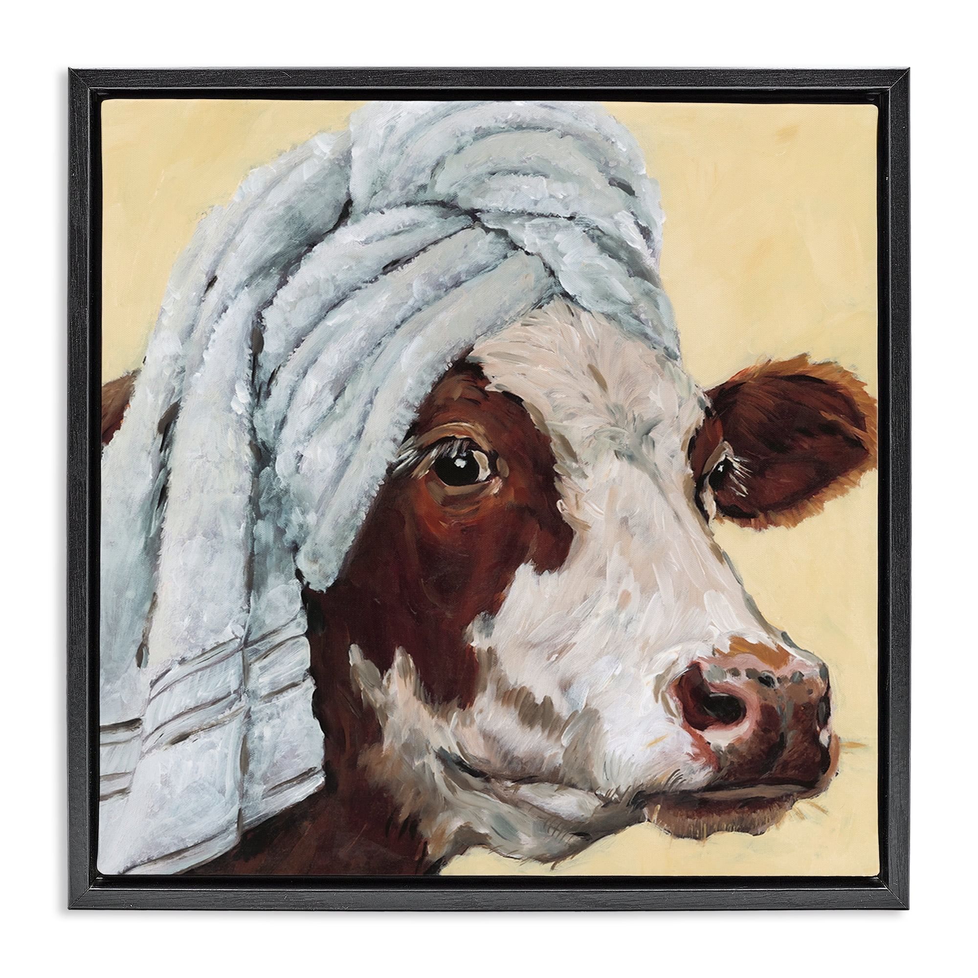 Stupell Industries Cow Spa with Towel Black Framed Floater Canvas Wall Art, design by Studio Bautista