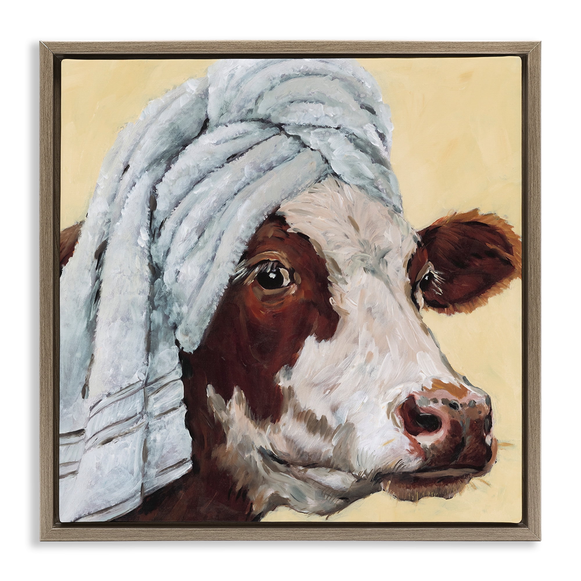 Stupell Industries Cow Spa with Towel Brown Framed Floater Canvas Wall Art, design by Studio Bautista