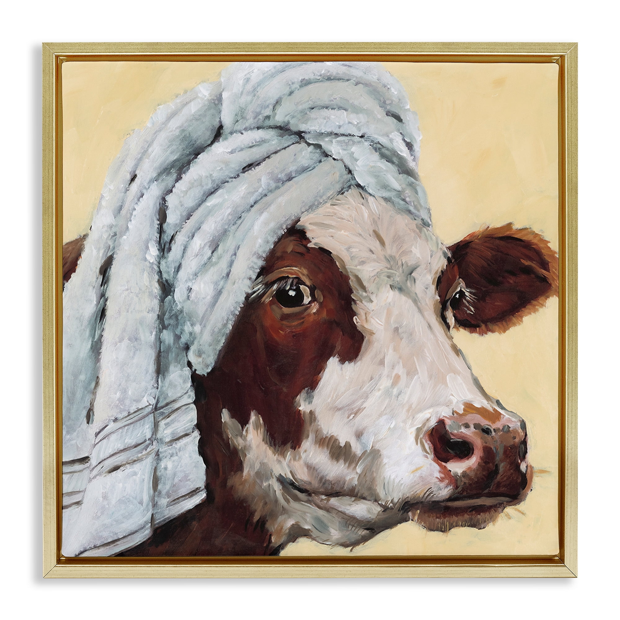 Stupell Industries Cow Spa with Towel Gold Framed Floater Canvas Wall Art, design by Studio Bautista