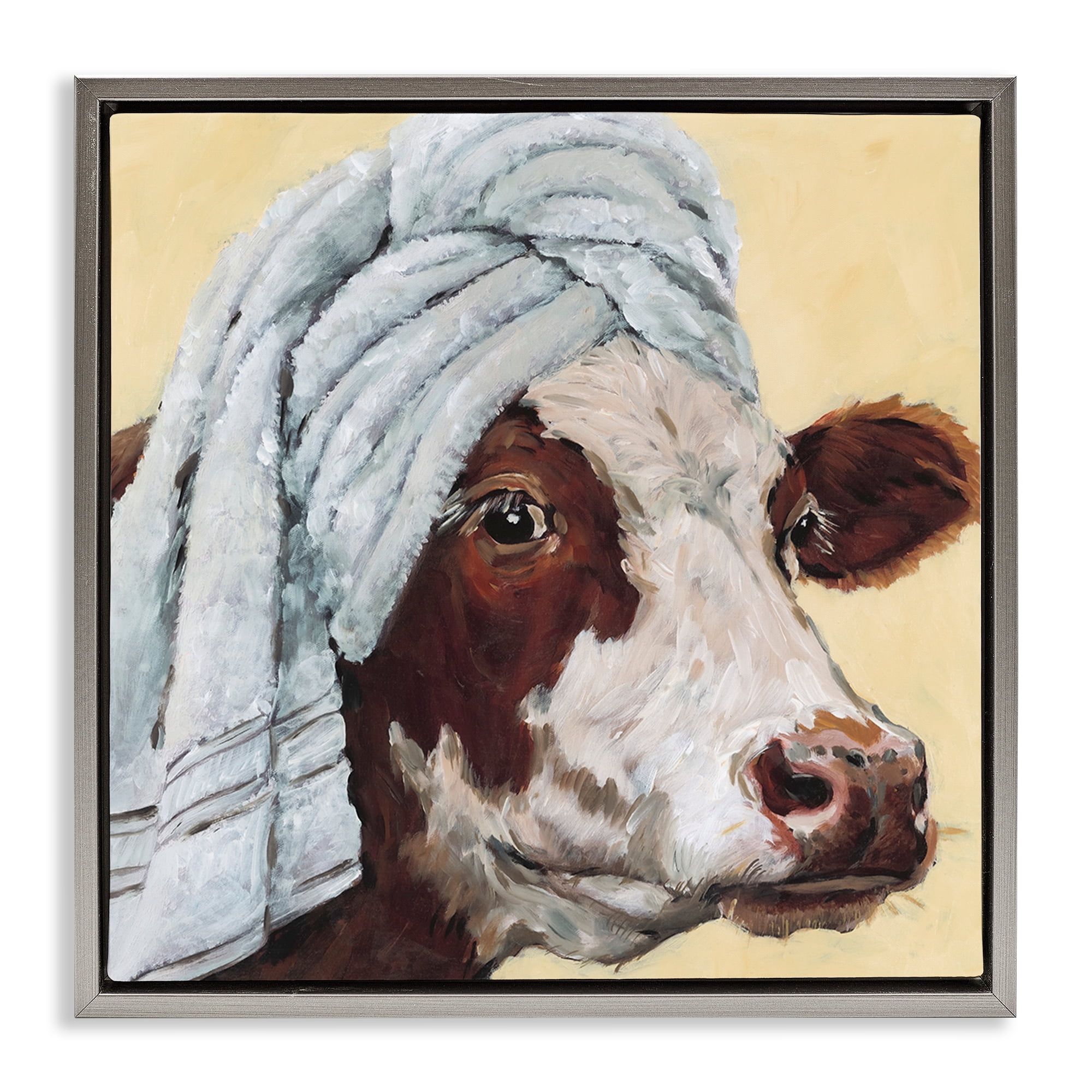 Stupell Industries Cow Spa with Towel Gray Framed Floater Canvas Wall Art, design by Studio Bautista