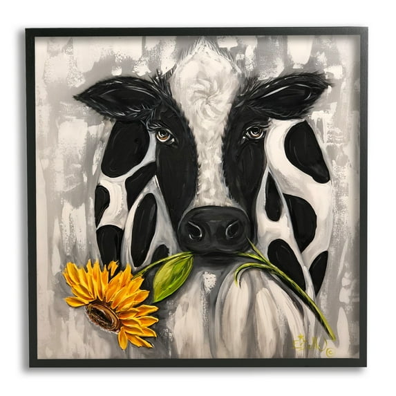 Stupell Industries Cow & Sunflower Painting Animals & Insects Painting Black Framed Art Print Wall Art, 12 x 12