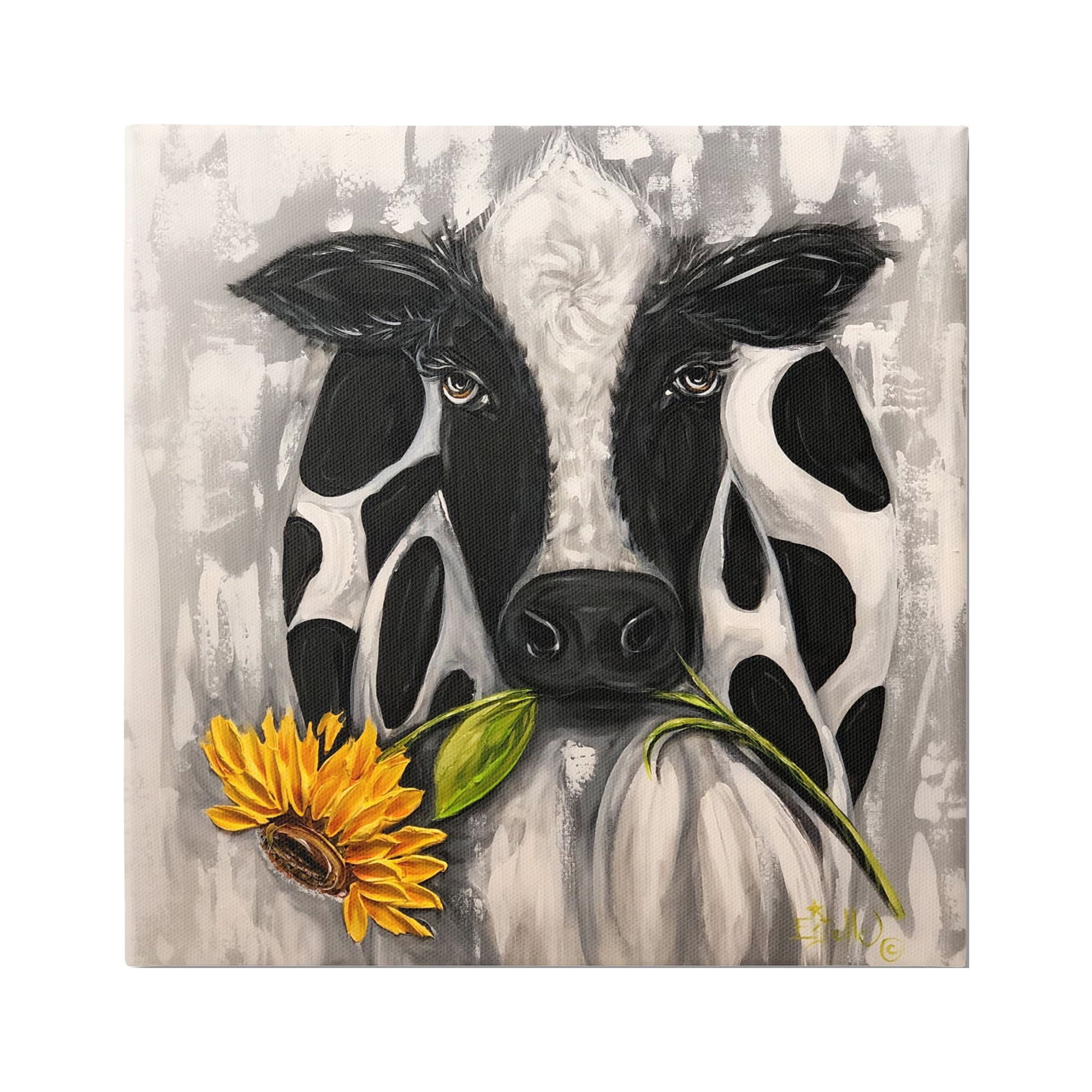 Stupell Industries Cow & Sunflower Painting Animals & Insects Painting Gallery Wrapped Canvas Art Print Wall Art, 30 x 30