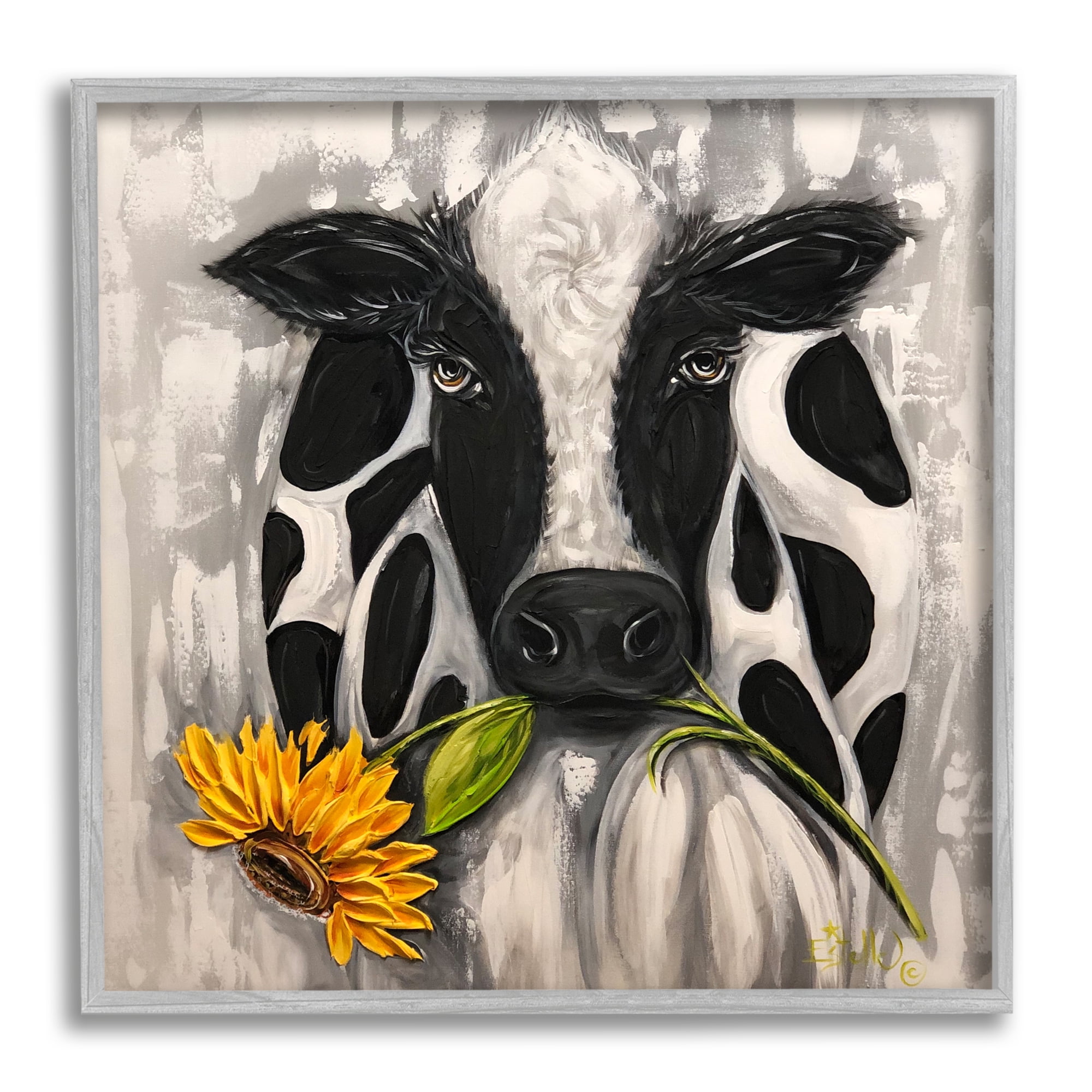 Stupell Industries Cow & Sunflower Painting Animals & Insects Painting Gray Framed Art Print Wall Art, 12 x 12
