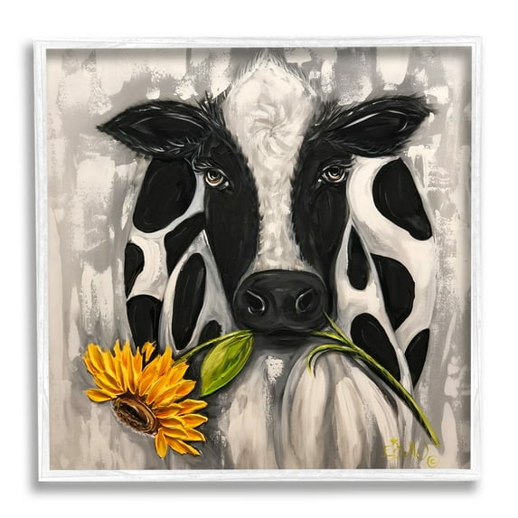 Stupell Industries Cow & Sunflower Painting Animals & Insects Painting White Framed Art Print Wall Art, 12 x 12