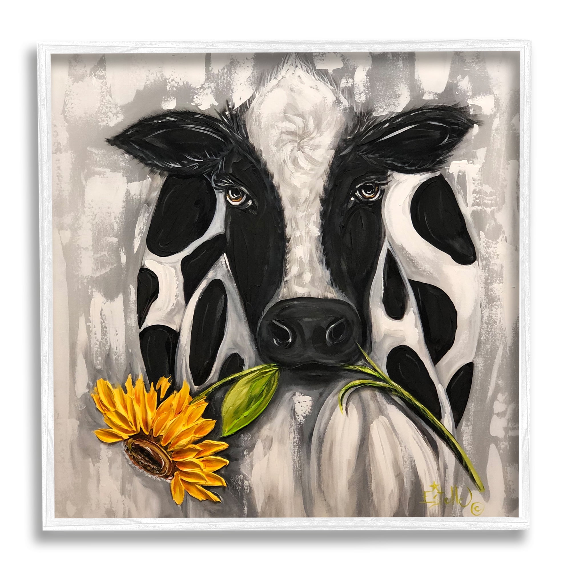Stupell Industries Cow & Sunflower Painting Animals & Insects Painting White Framed Art Print Wall Art, 17 x 17