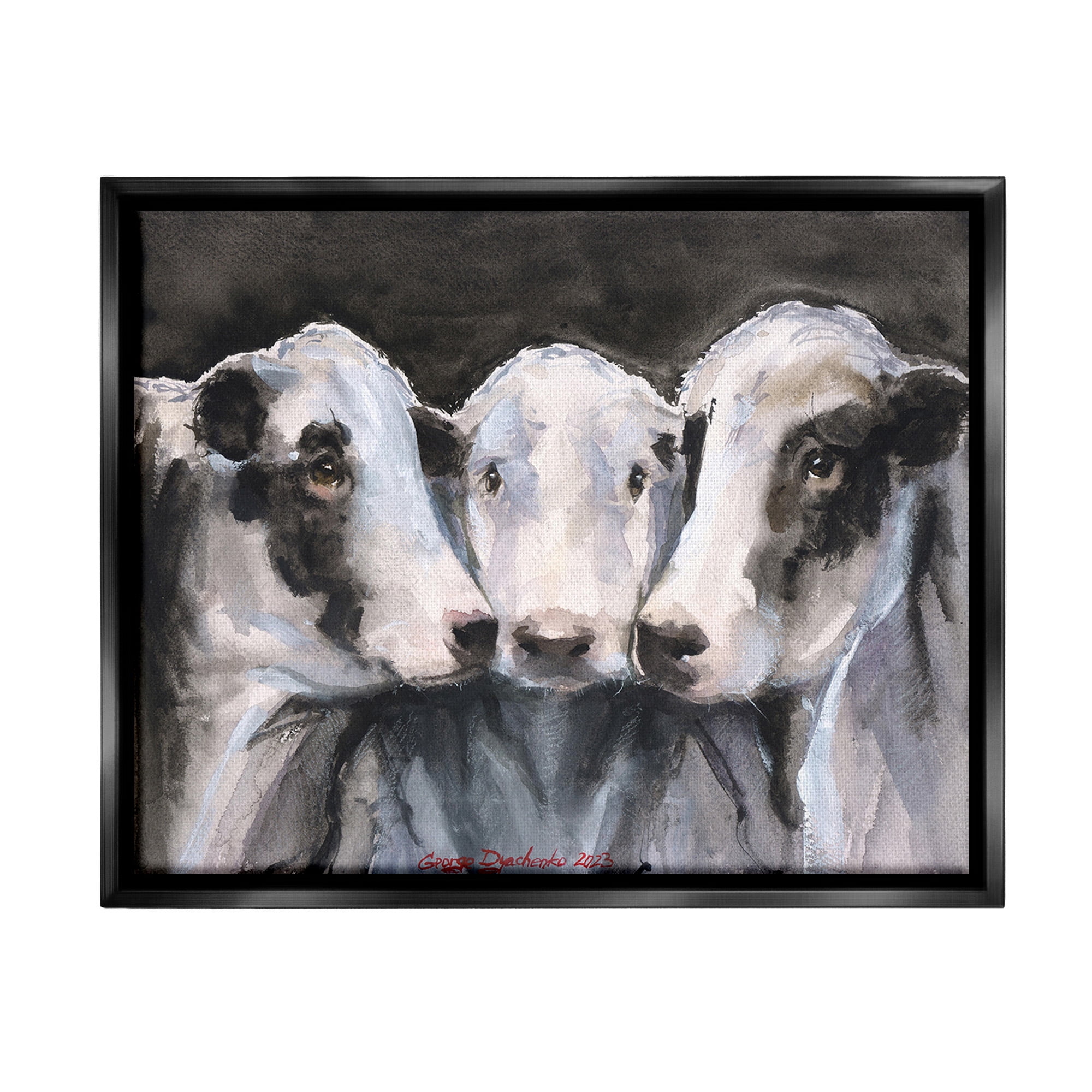 Stupell Industries Cow Trio Painting Animals & Insects Painting Black Floater Framed Canvas Art Print Wall Art, 21 x 17