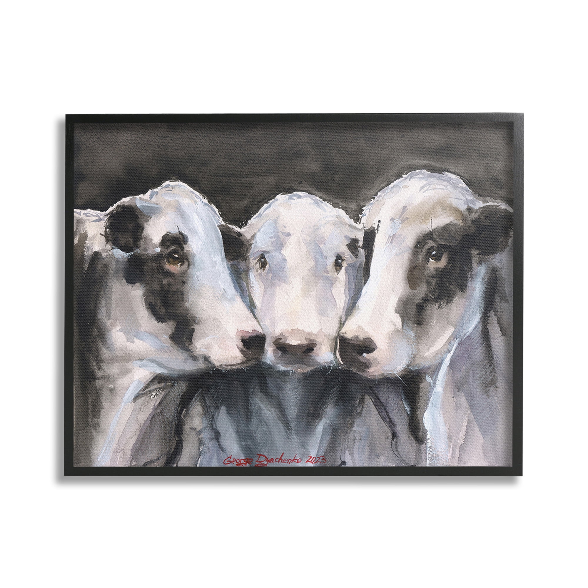 Stupell Industries Cow Trio Painting Animals & Insects Painting Black Framed Art Print Wall Art, 30 x 24