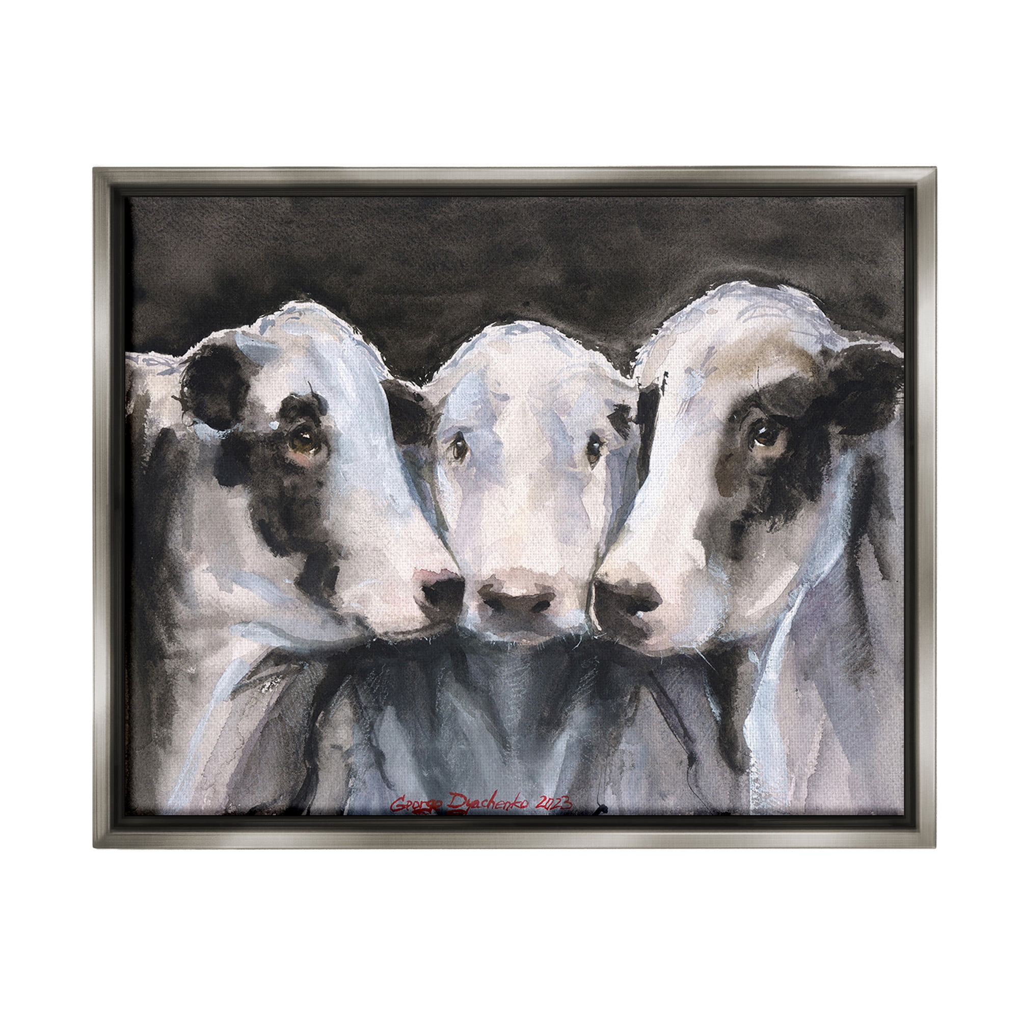 Stupell Industries Cow Trio Painting Animals & Insects Painting Gray Floater Framed Canvas Art Print Wall Art, 31 x 25