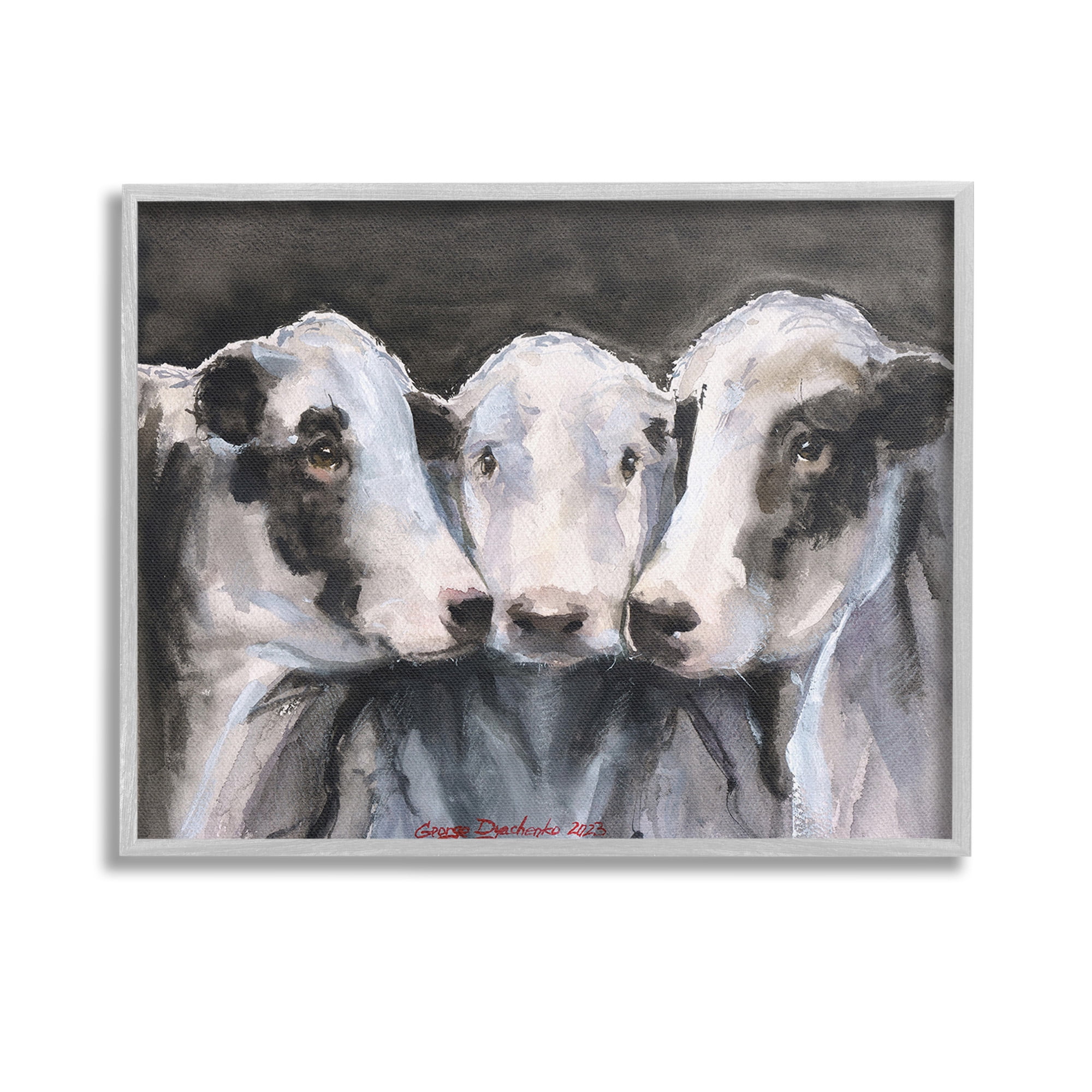 Stupell Industries Cow Trio Painting Animals & Insects Painting Gray Framed Art Print Wall Art, 14 x 11