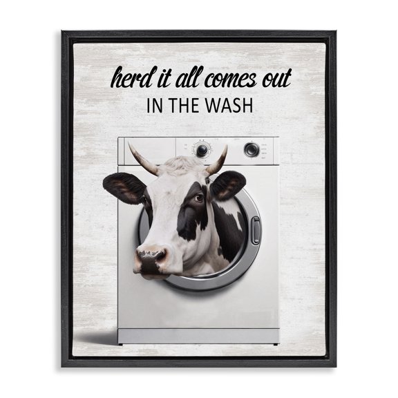 Stupell Industries Cow & Washing Machine Quotes and Sayings Painting Black Floater Framed Canvas Art Print Wall Art, 17 x 21